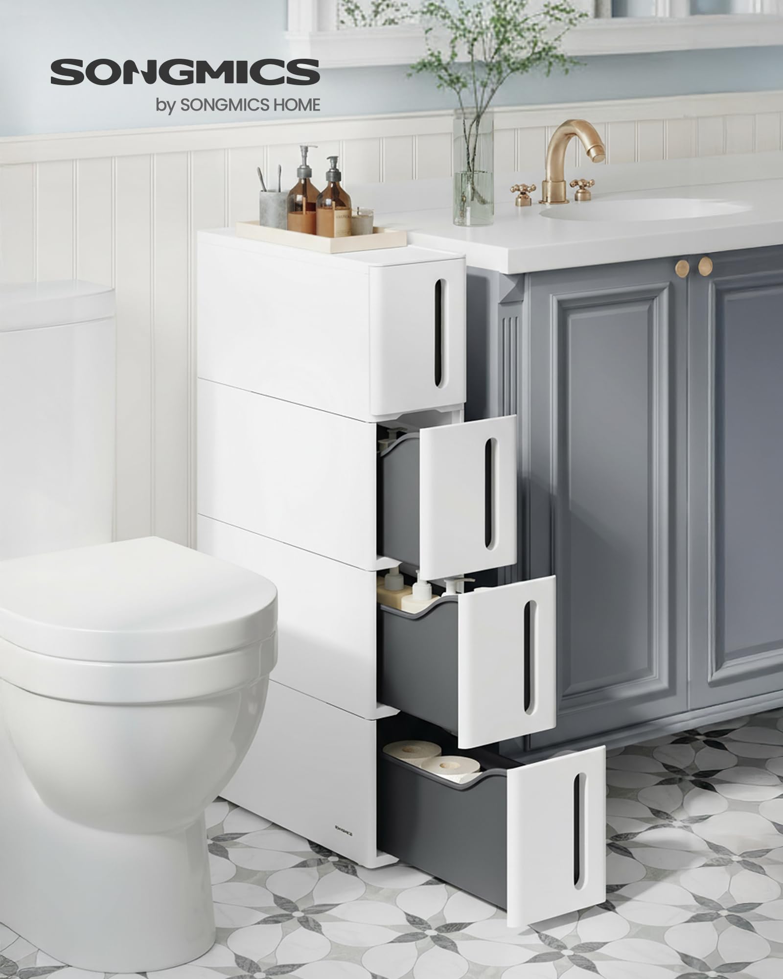 SONGMICS Narrow Kitchen Storage Cart - 4 Tier Plastic Drawers | Mobile | White + Grey 2
