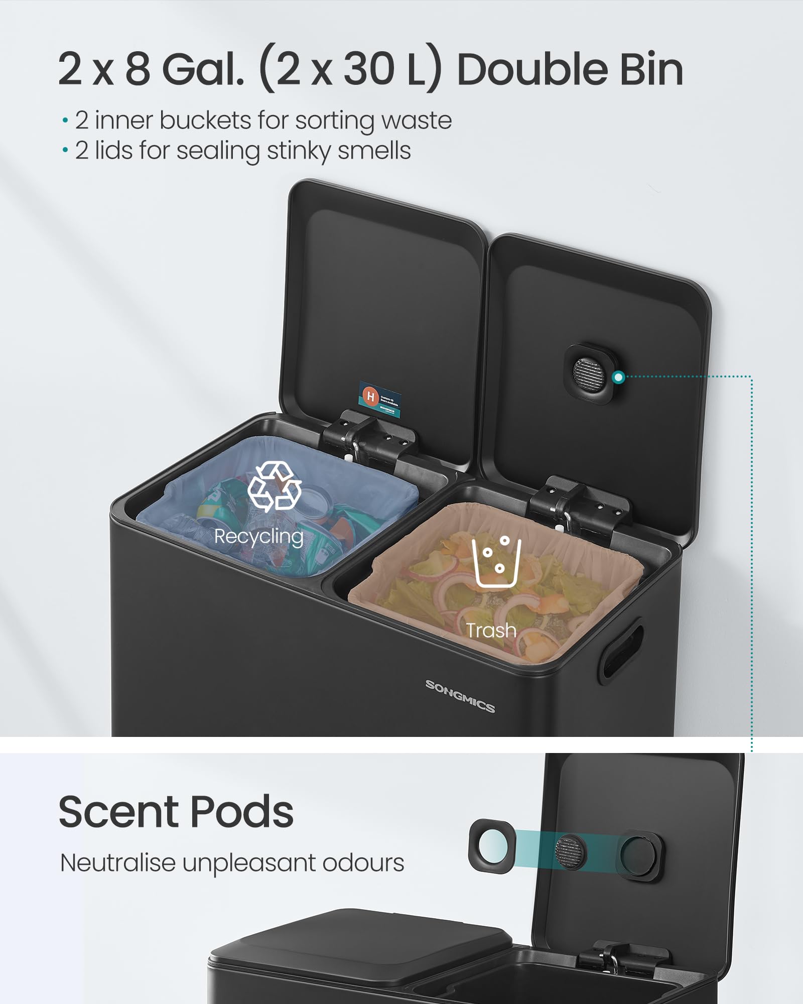 SONGMICS Kitchen Bin - Double Waste Separation System | 2 x 30 L Capacity | Ink Black 3