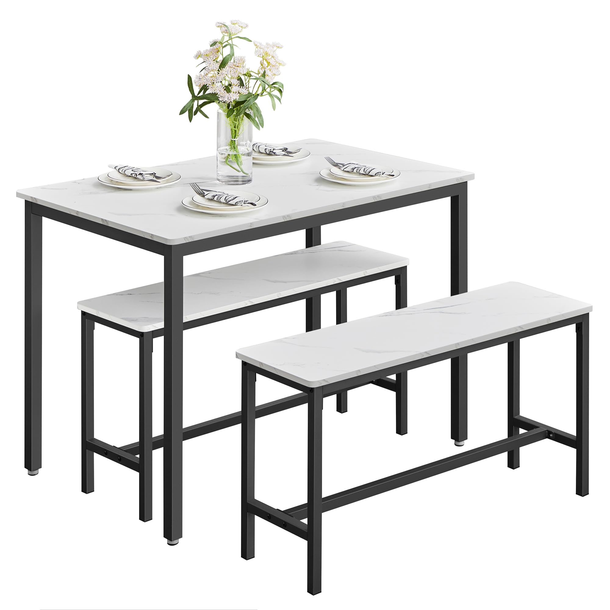 VASAGLE 3-Piece Dining Set with 2 Benches, Marble White & Ink Black | Steel Frame | 70x110cm Table