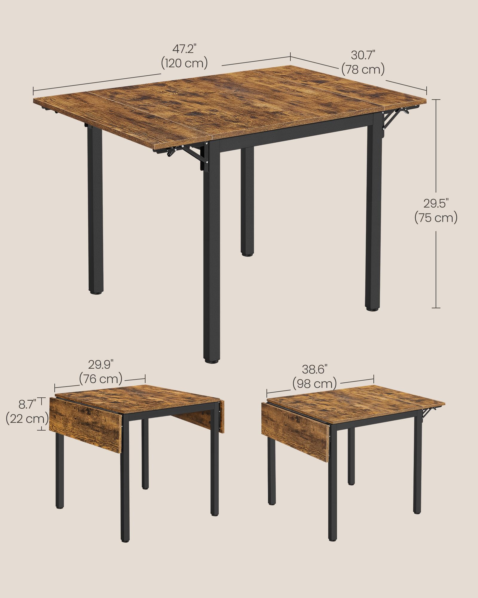 VASAGLE Extendable Dining Table - Drop Leaf, Foldable for Small Spaces | Brown | 78 x 120 cm 3