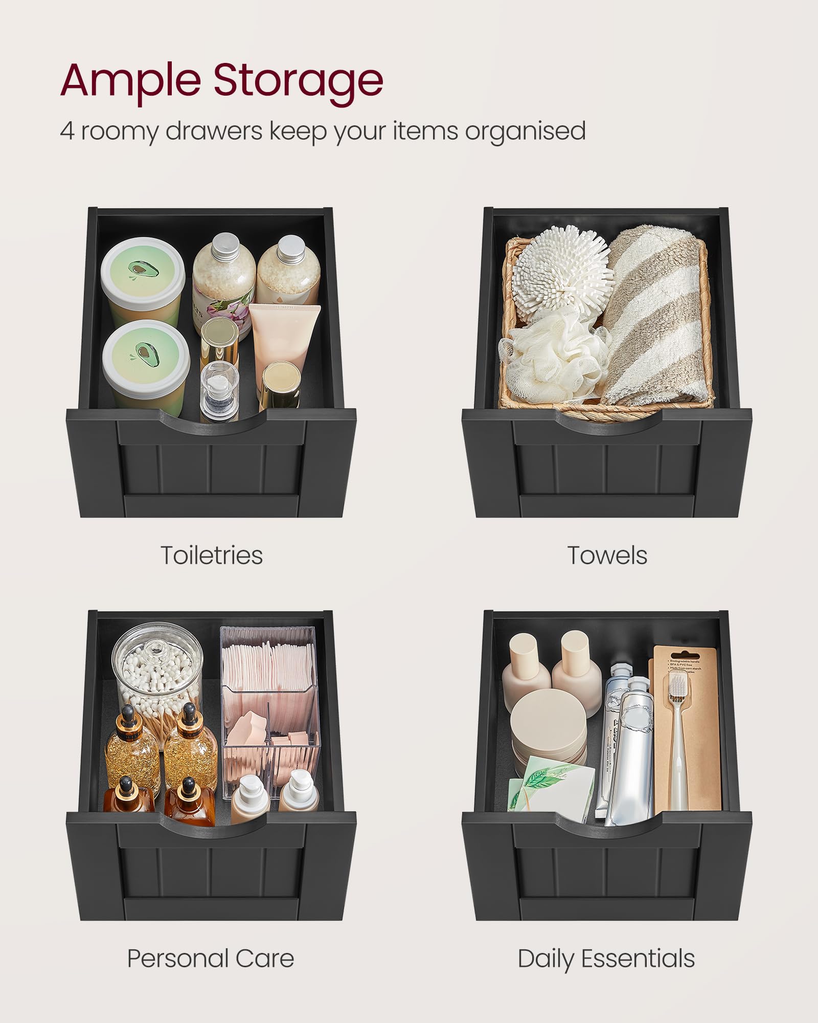 VASAGLE Bathroom Floor Storage Cabinet - 4 Drawers | 30 x 30 x 82 cm | Ink Black 5