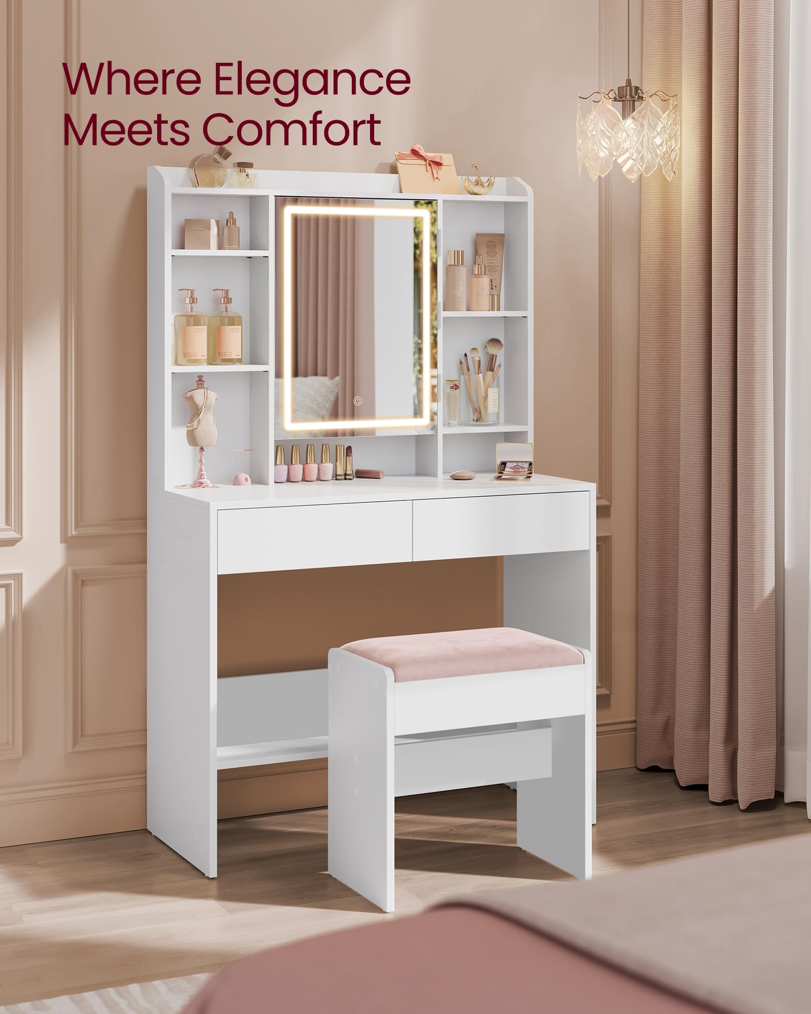 VASAGLE Upholstered Makeup Stool - Velvet Seat, Sturdy Particleboard Frame | Matte White + Jelly Pink 6
