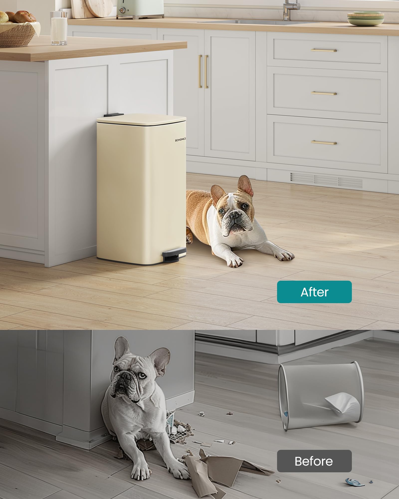 SONGMICS Stainless Steel Pedal Bin - 30L Capacity | Sand Beige | Soft Close 3