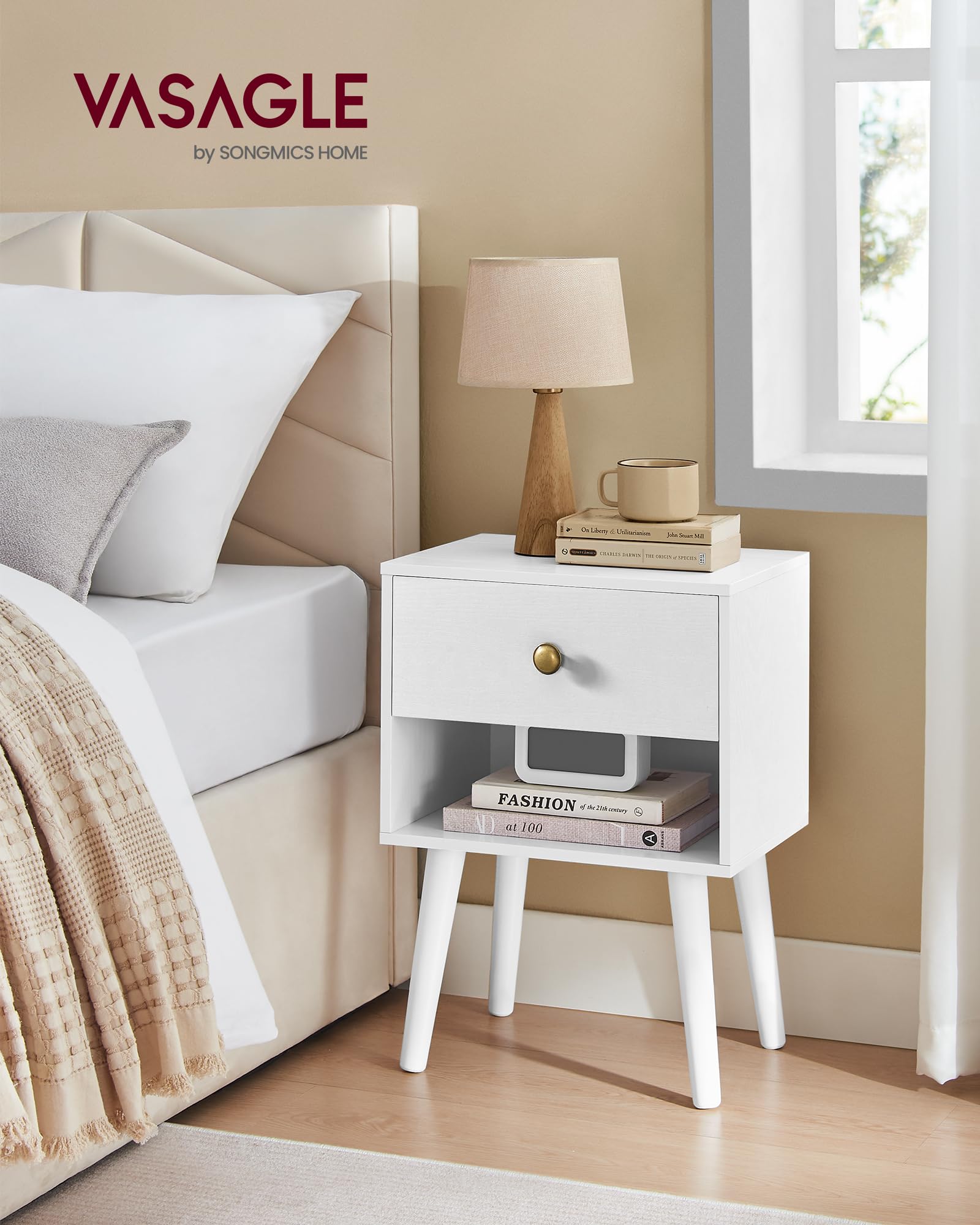 VASAGLE Bedside Table - Cloud White | Storage Drawer & Open Shelf | 28 x 39 x 55 cm 2