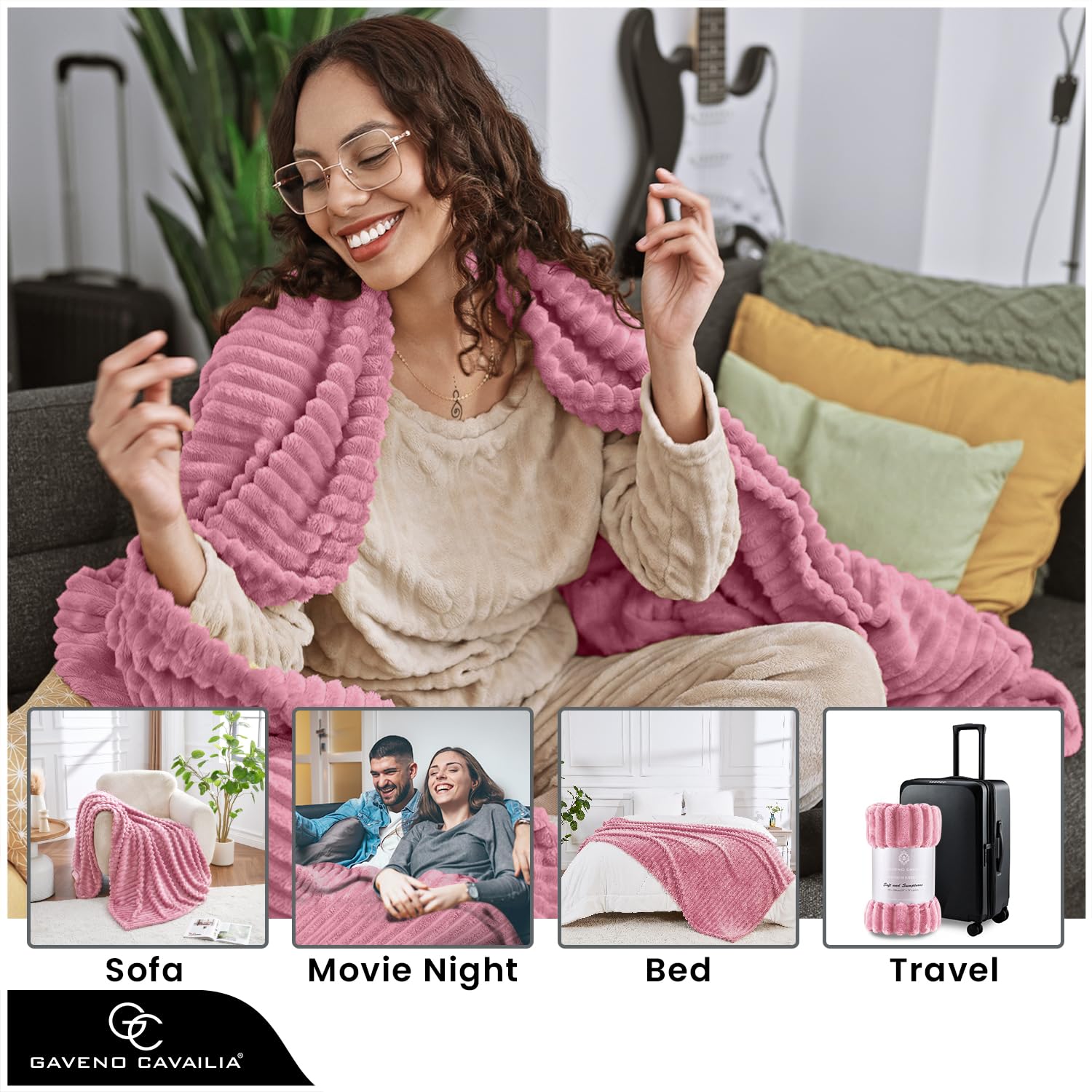 GC GAVENO CAVAILIA Double Fleece Throw Blanket | 150x200 cm | Blush Pink | Polyester 5