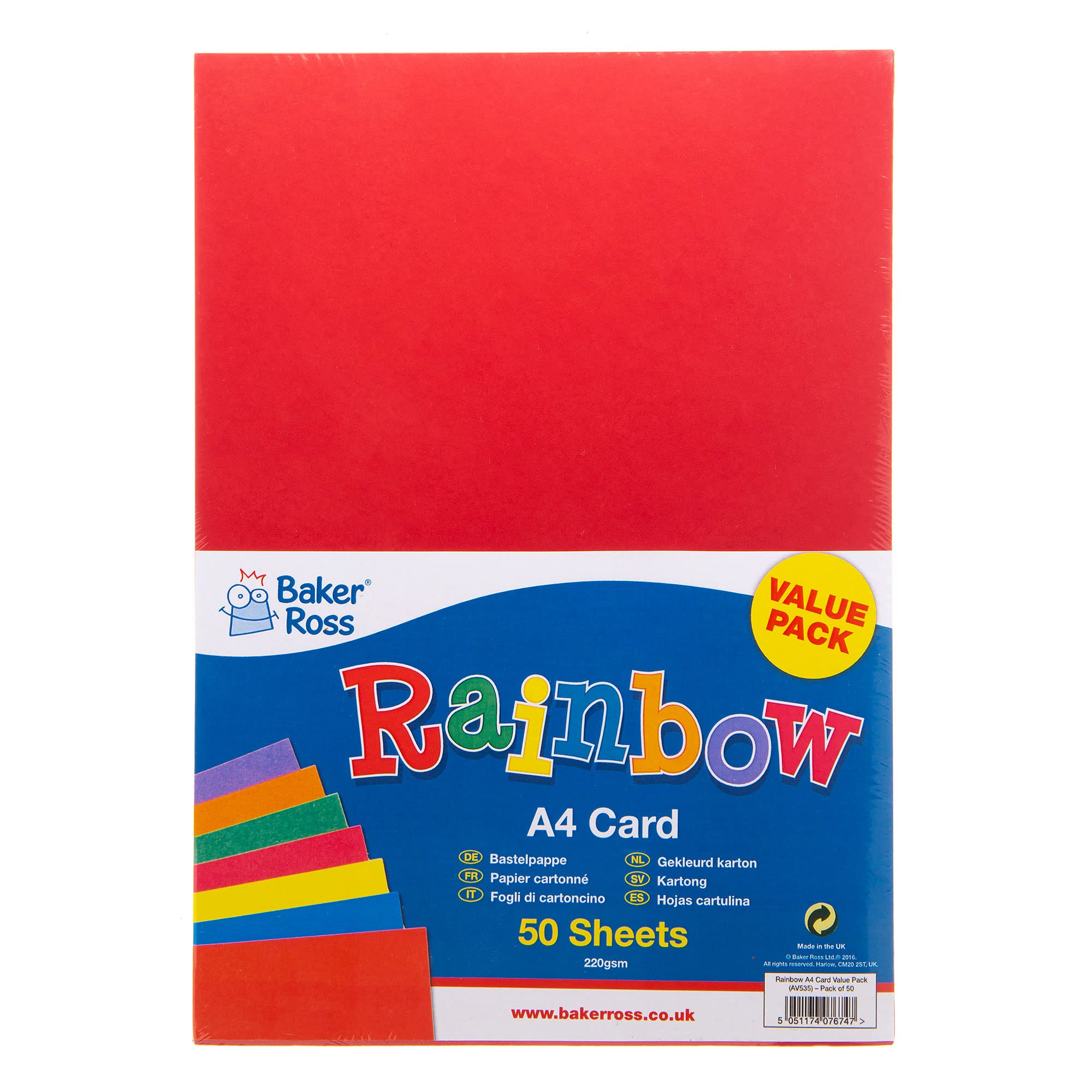 Baker Ross AV535 A4 Rainbow Coloured Card (220gsm) - Pack of 50 Sheets for Crafts 7