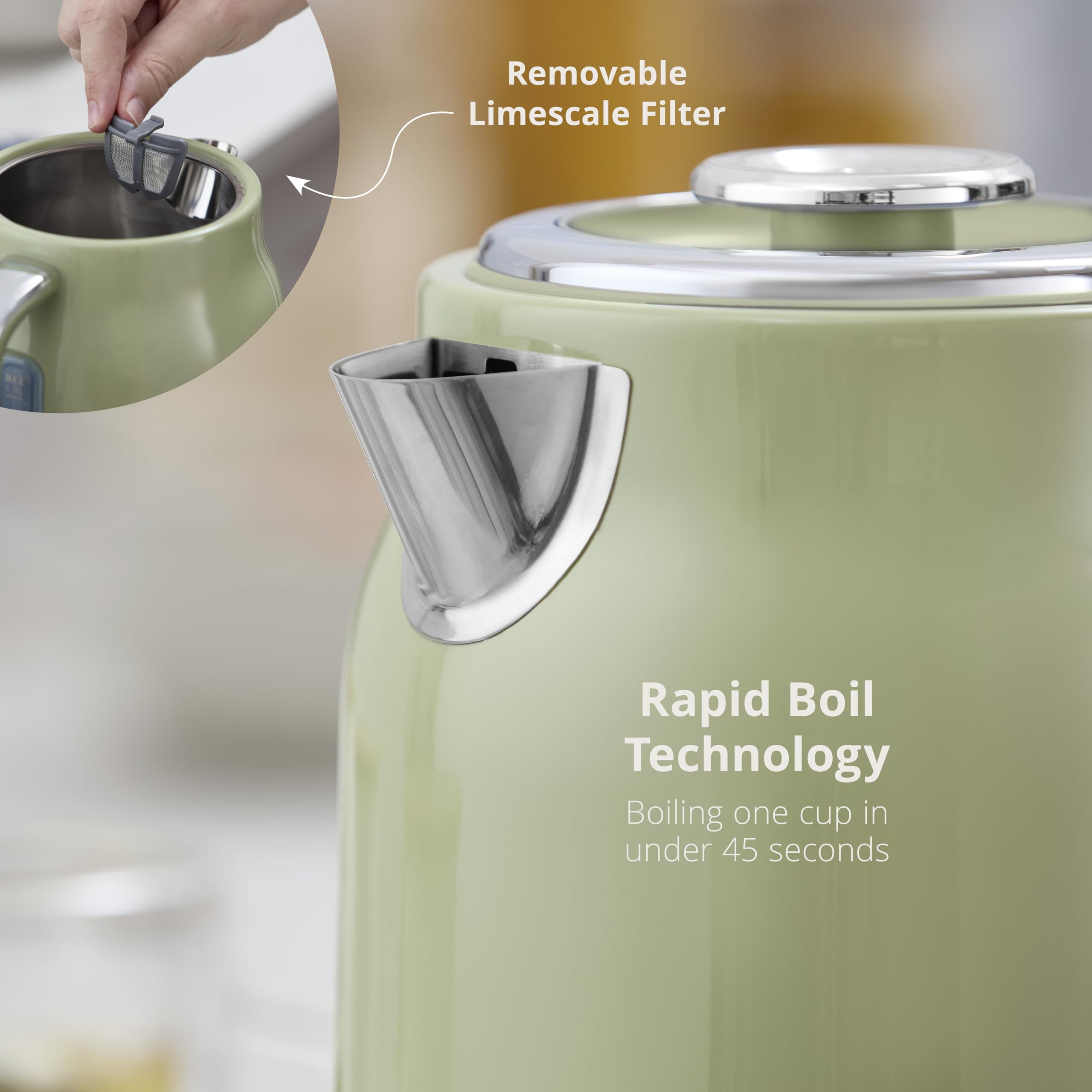 Swan SK19025GRN Retro Jug Kettle, Rapid Boil, Removable Limescale Filter, Easy Pour, 360 Degree Base, Water Indicator Window and Boil Dry Protection 1.7L, 3KW, Green and Stainless Steel 4