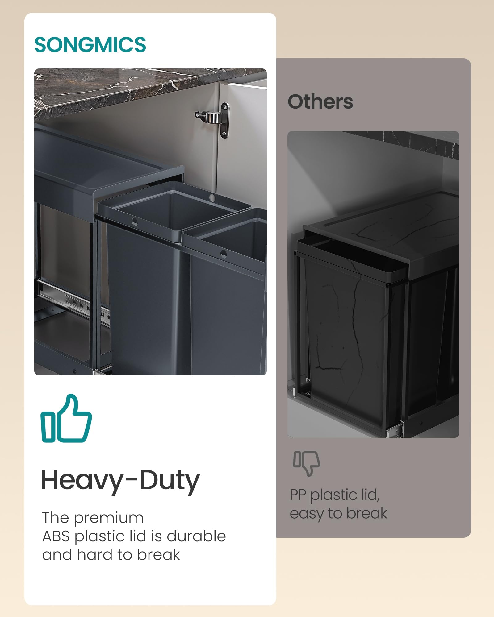 SONGMICS Pull-Out Kitchen Bin - Dual 15L Capacity | Built-in Cabinet Mount | Grey 6
