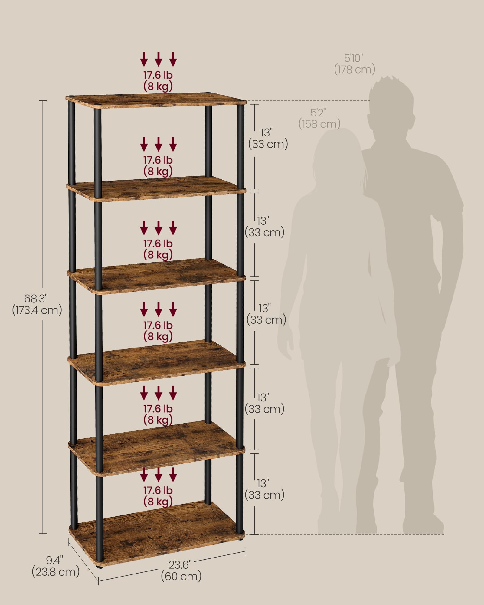VASAGLE 6-Tier Standing Shelf Unit - Toolless Assembly | 48kg Max Load | Rustic Brown/Ink Black 3
