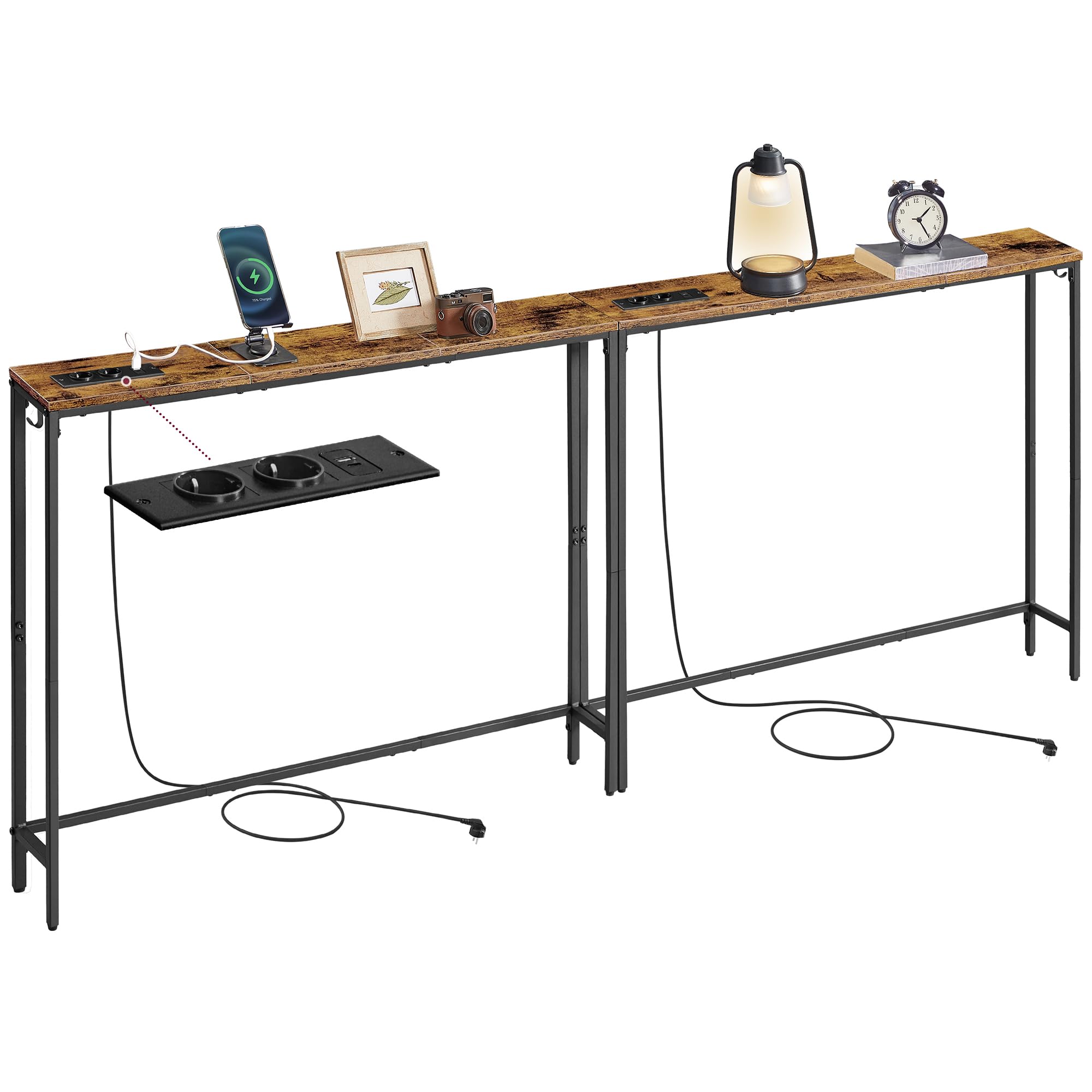 VASAGLE Set of 2 Slim Console Tables with Built-in Charging Station | Rustic Brown & Ink Black | 15 x 100 x 80 cm 1