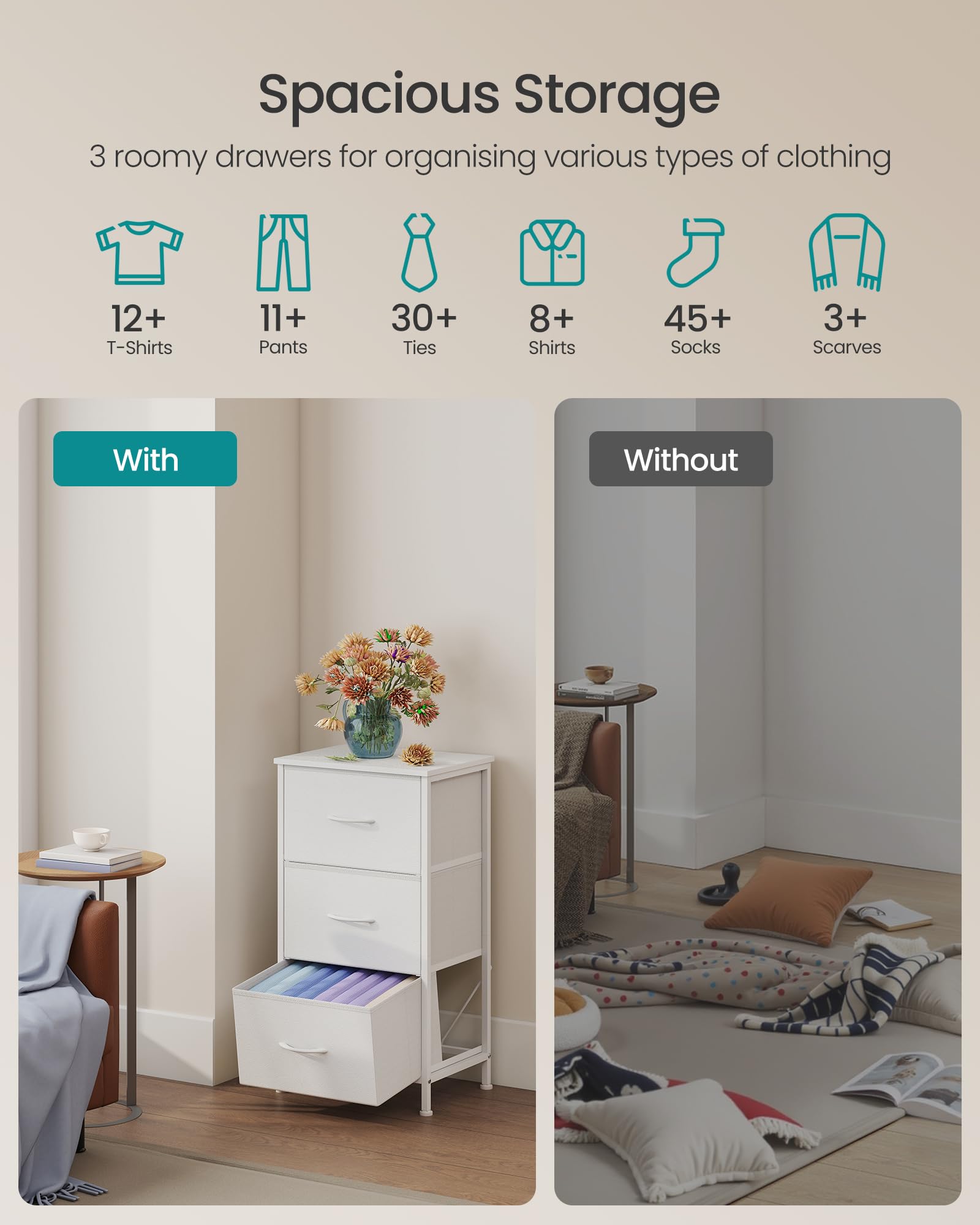 SONGMICS Chest of Drawers - 3 Fabric Drawers Storage Unit | Steel Frame | Cloud White + Snow White 4