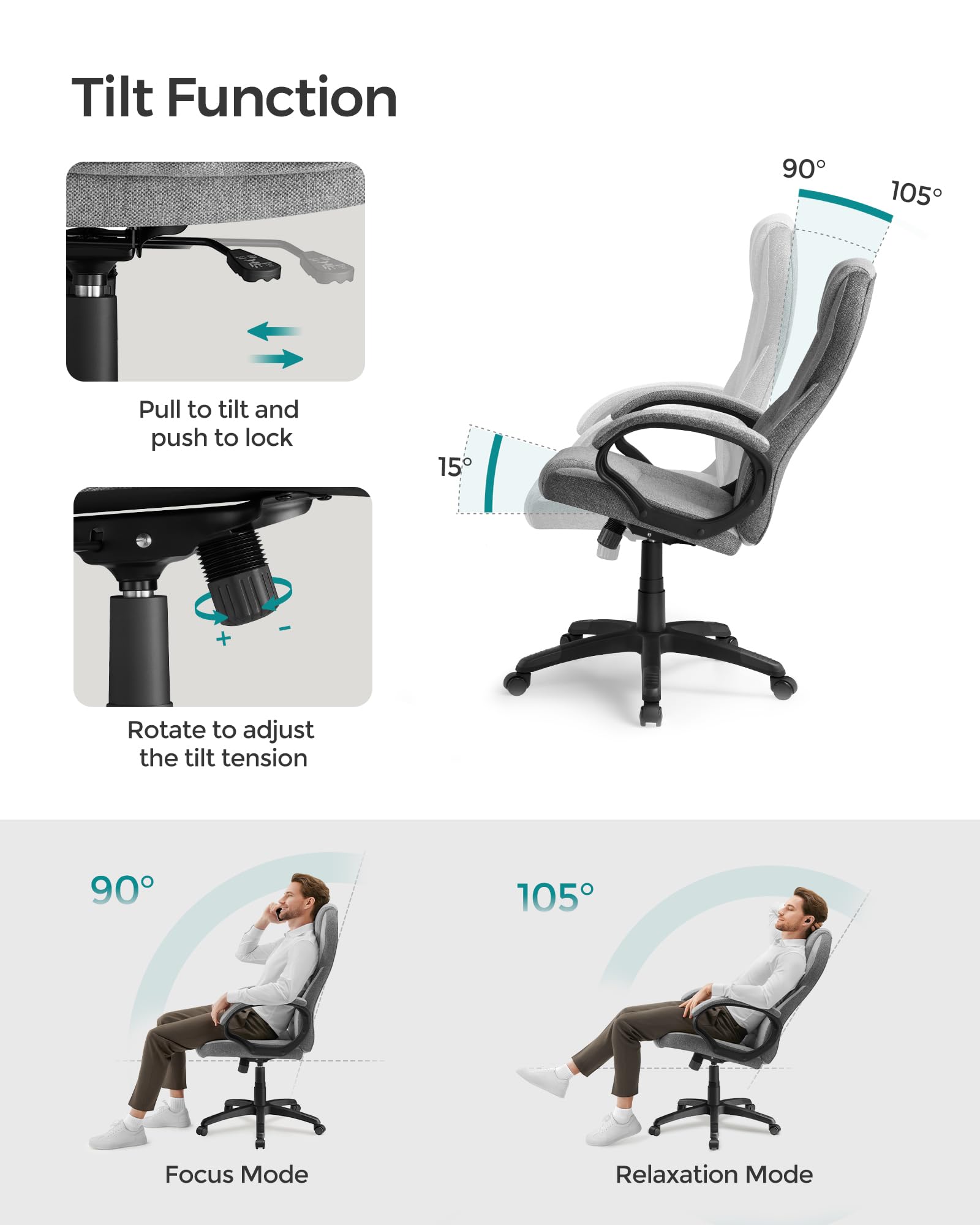 SONGMICS Ergonomic Swivel Desk Chair - Adjustable Height, Silent Castors, Dove Grey | OBG022G11 6