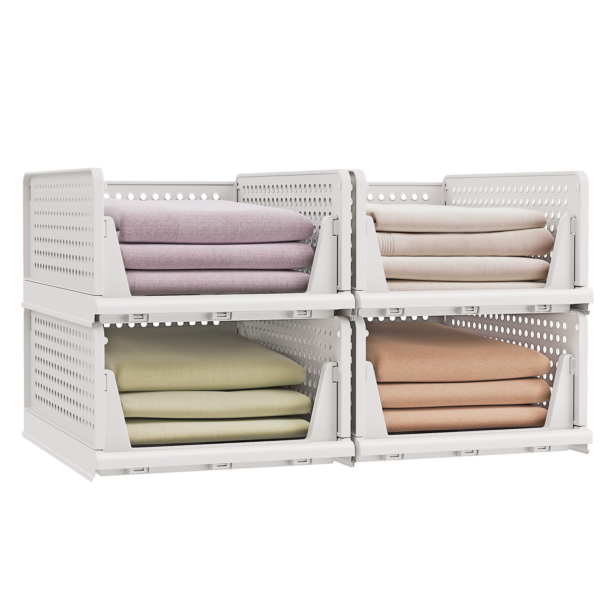 SONGMICS Set of 4 Stackable Foldable Closet Organiser Baskets | White PP Plastic | 43x33x71cm Total 1