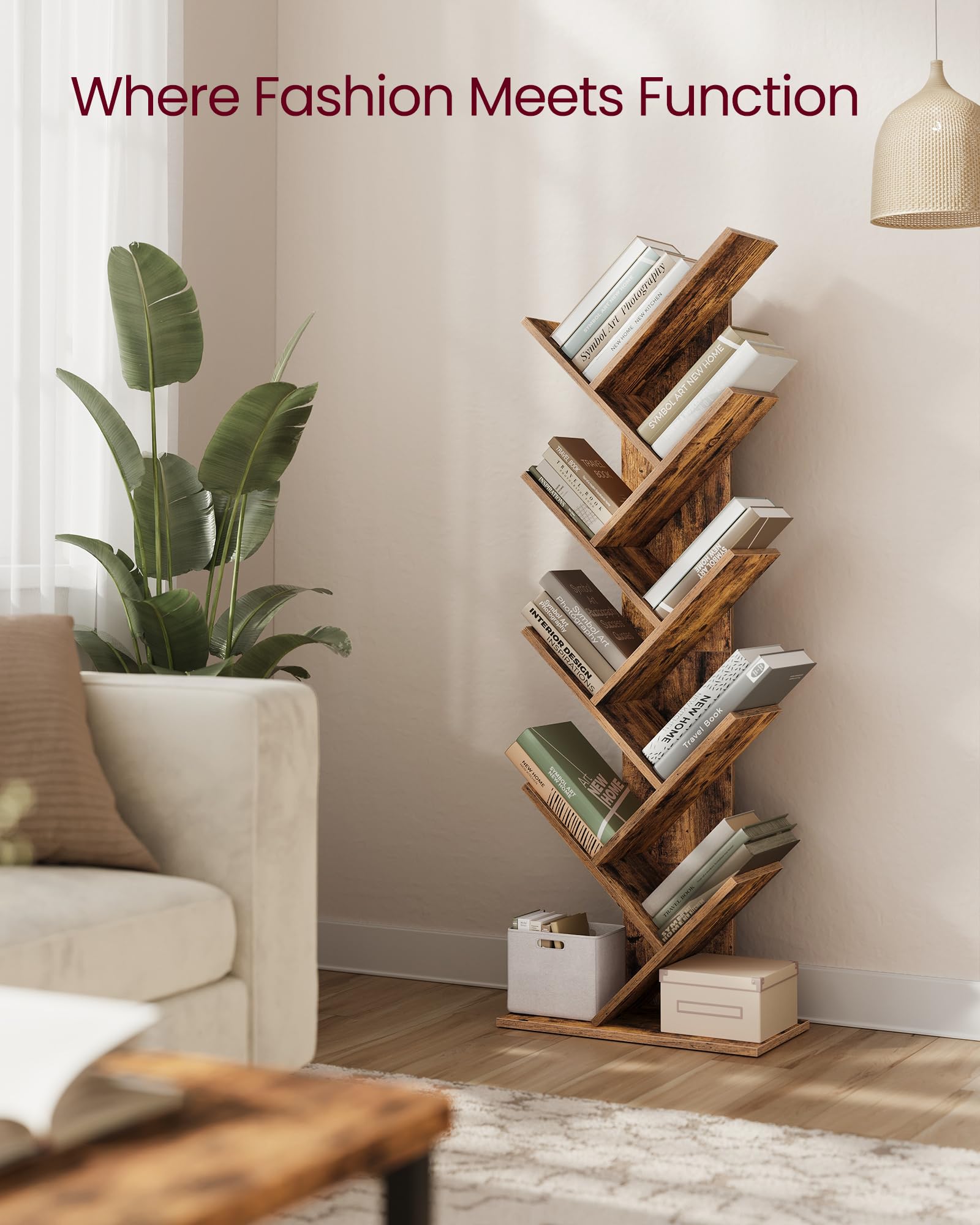 VASAGLE Tree Bookshelf - 9-Tier Corner Storage | Rustic Brown | Space-Saving Design 4