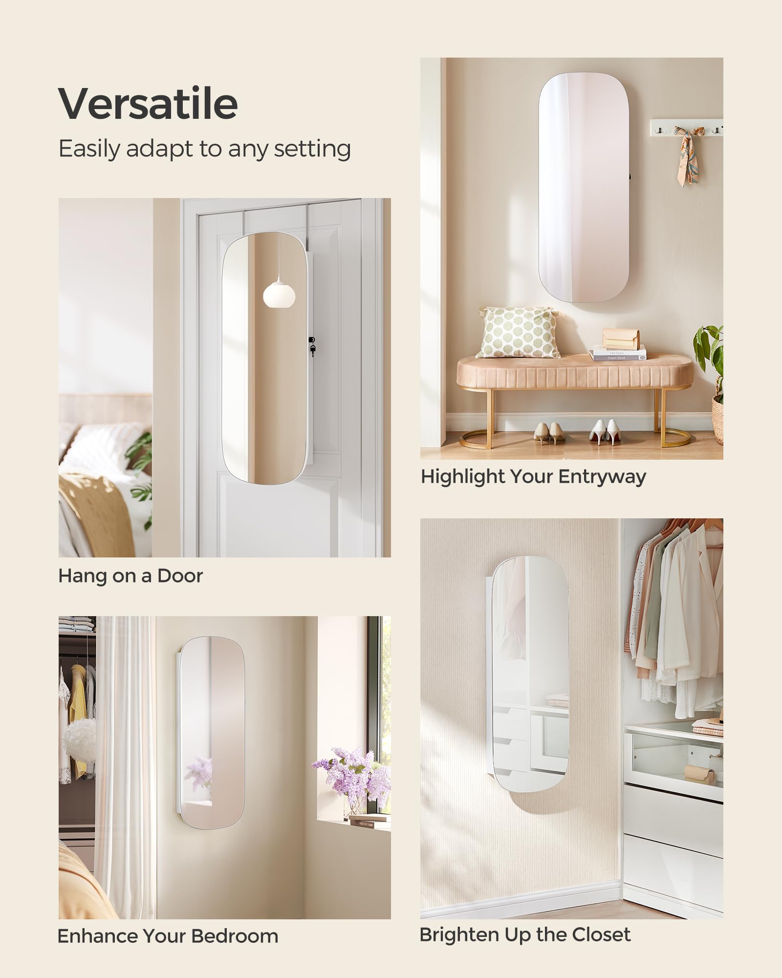 SONGMICS LED Mirror Jewellery Cabinet - Wall/Door Mounted | Lockable | White + Greige 9