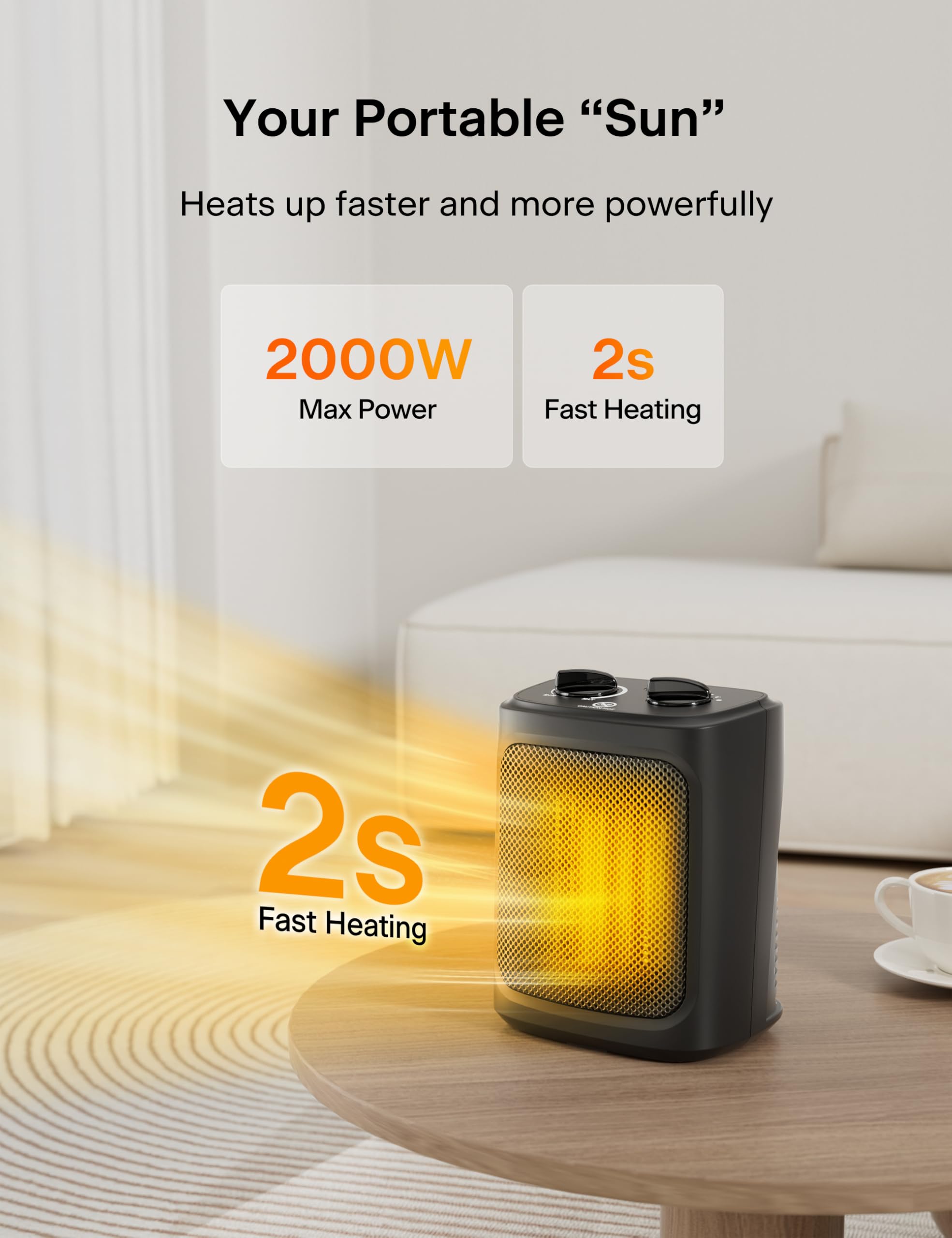 Pelonis 2-in-1 Mini Electric Fan Heater 2000W with Adjustable Thermostat | Ceramic PTC Heating | Black 2