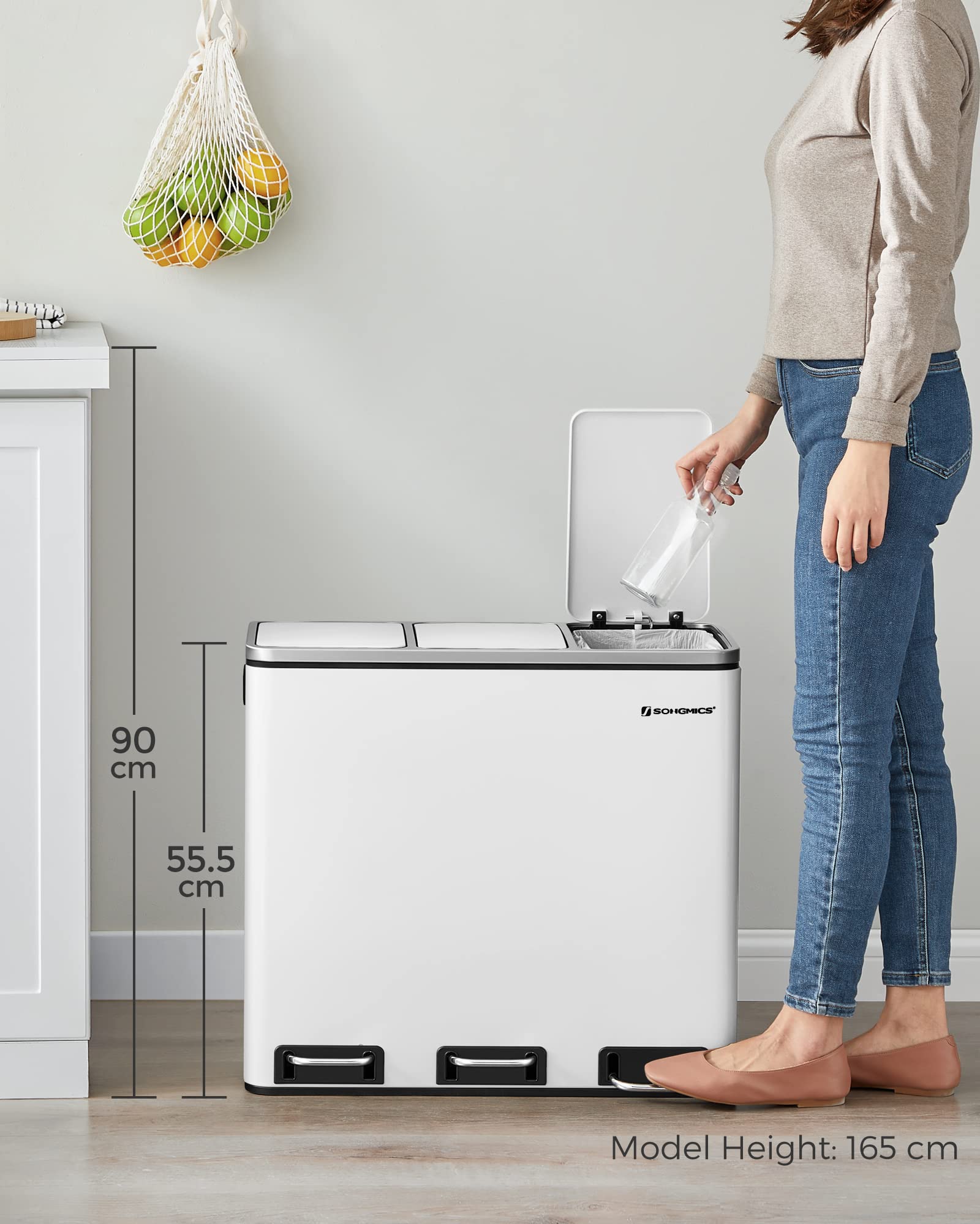 SONGMICS Kitchen Waste Separation System - 3 x 18L Compartments, Soft-Close Lids, Steel, Cloud White 8