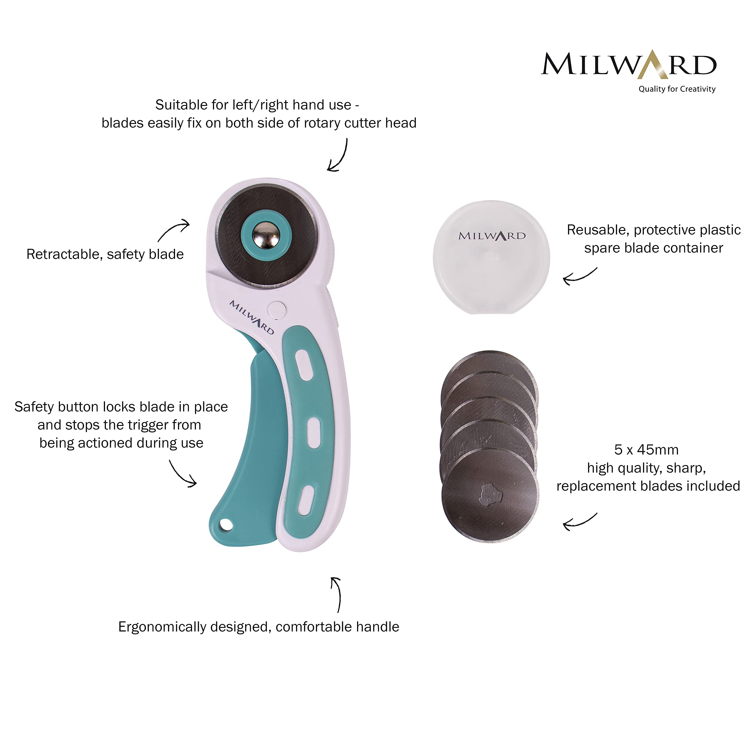 Milward 45mm Rotary Cutter for Fabric - Includes 5 Spare Steel Blades | Ergonomic Design 3