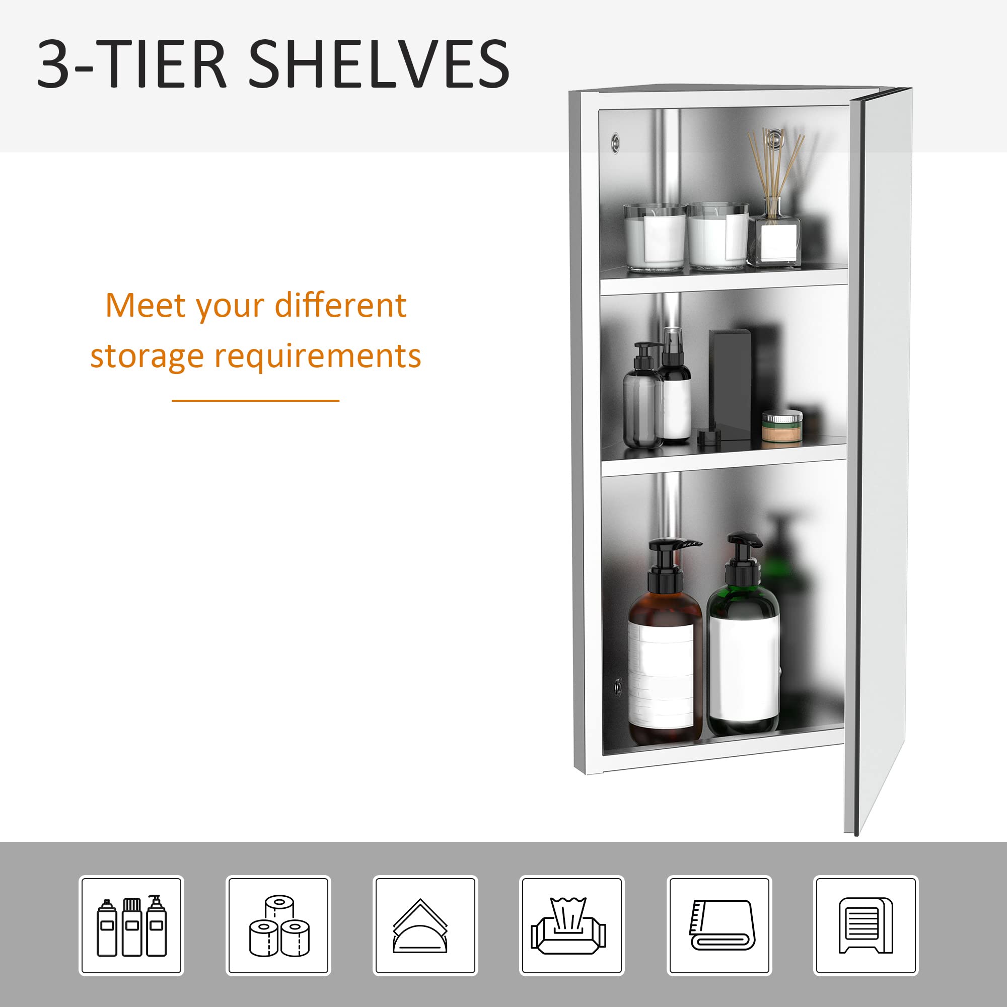 HOMCOM Wall Mount Corner Mirror Cabinet - Stainless Steel | 3 Shelves | Space Saving 5