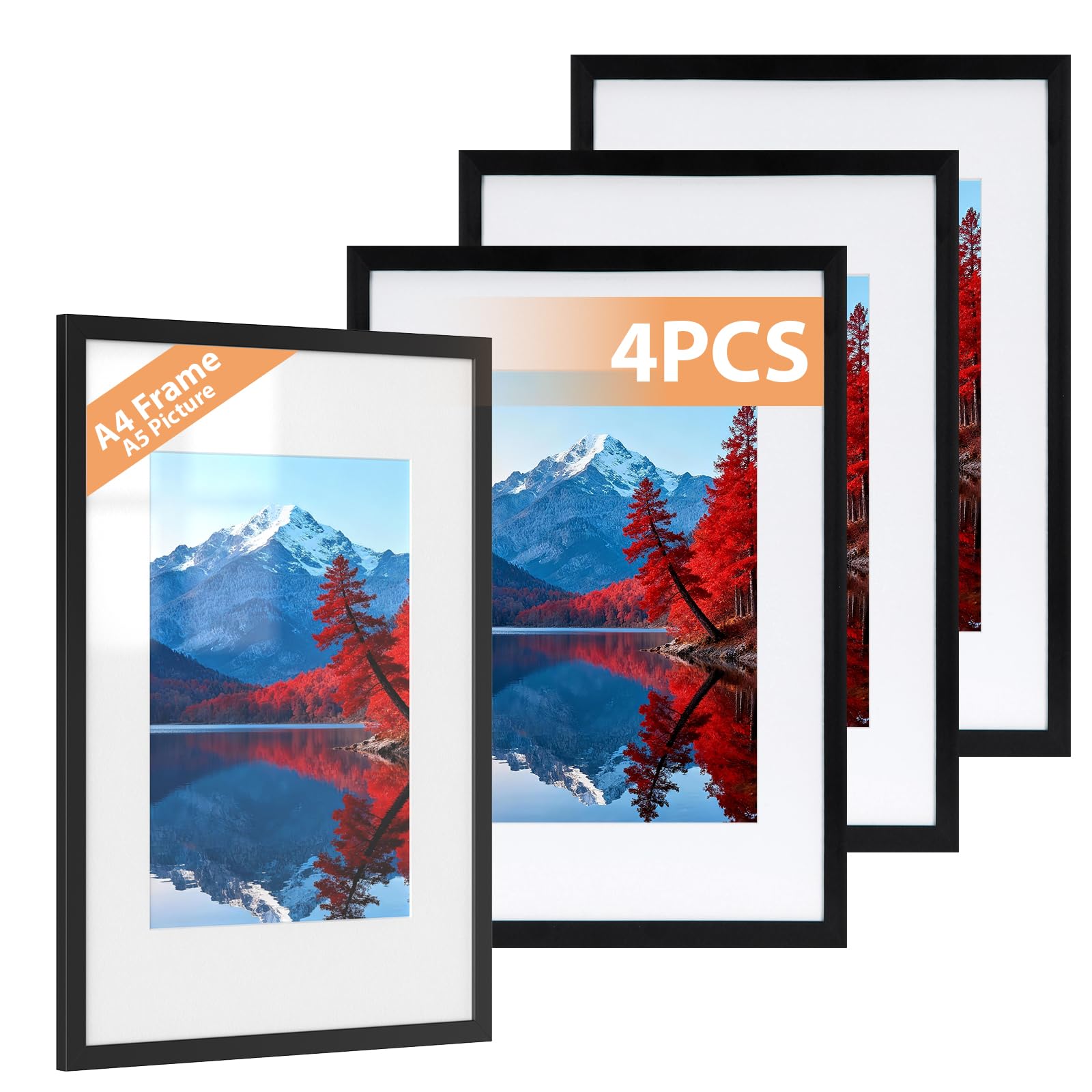Alyvisun A4 Picture Frames (4 Pack) - Black Finish | Fits 14x20 cm Photos with Mat