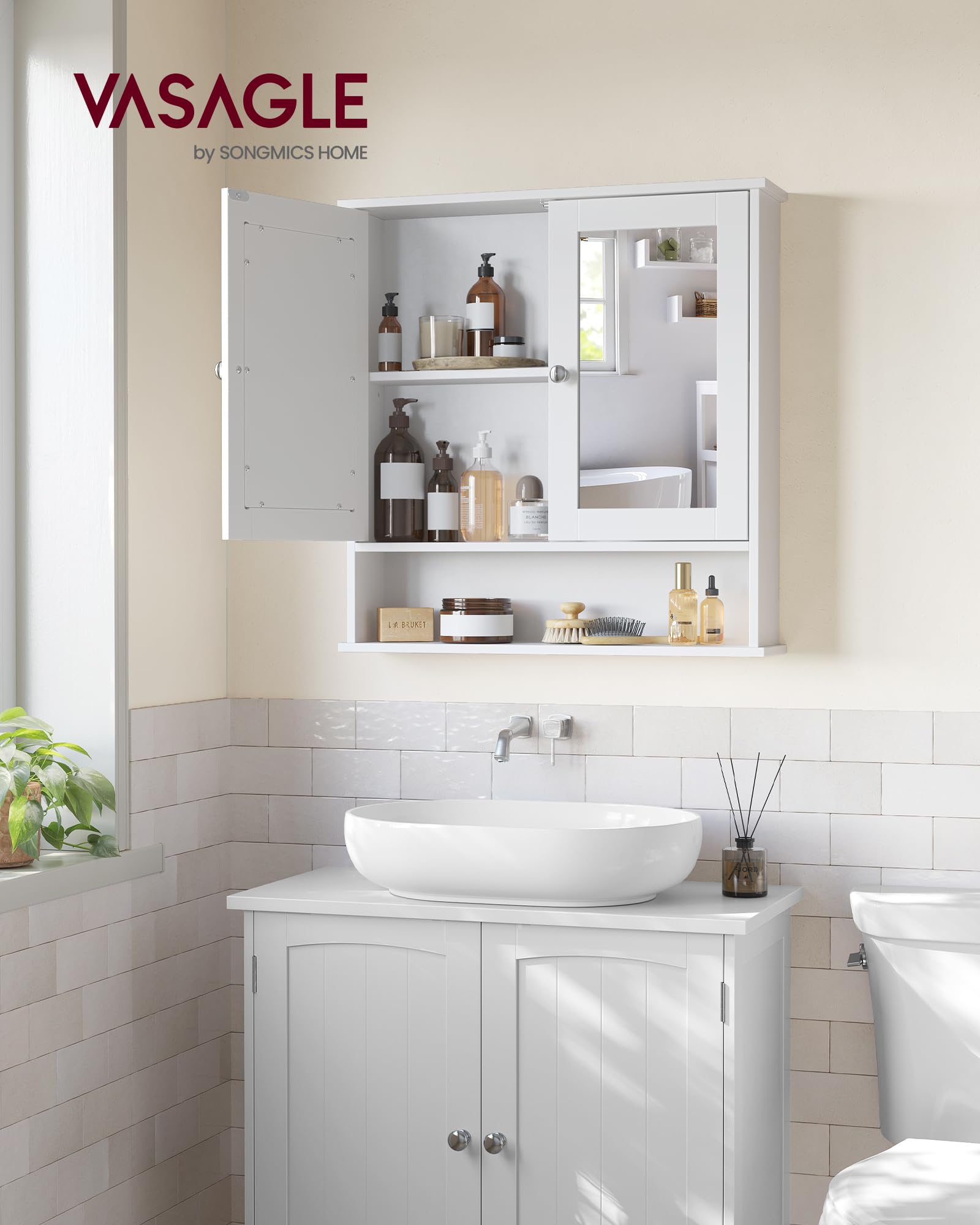 VASAGLE Bathroom Mirror Cabinet with 2 Mirrored Doors, Adjustable Shelf, Wall-Mounted, White LHC002 2