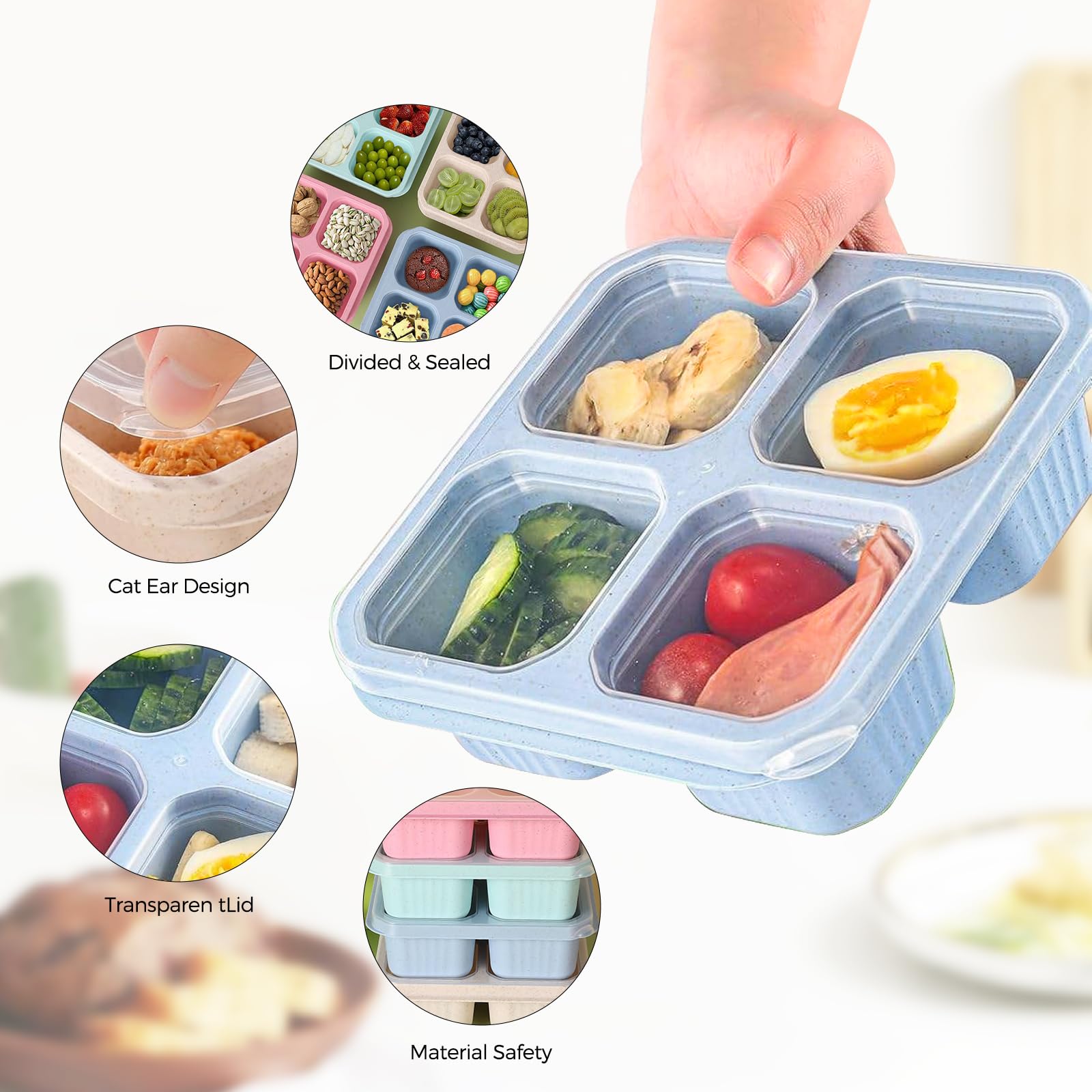 Woobroo Snack Box - 4 Pack Reusable Meal Prep Containers | Wheat Straw | Stackable 4