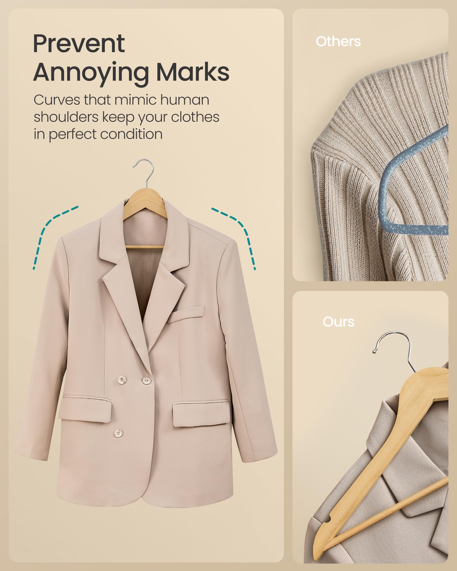 SONGMICS Wooden Hangers - 10 Pack Coat Hangers with Pants Bar | 0.8cm Slim Design | 5kg Capacity 5
