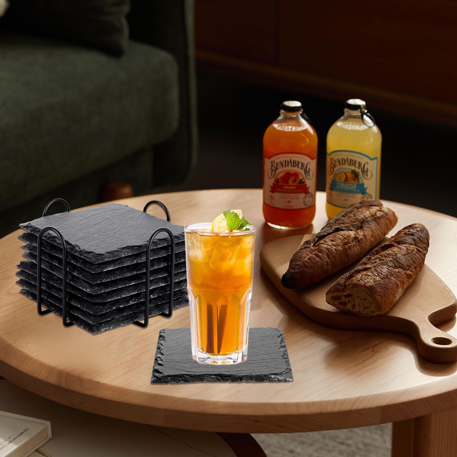 ASelected 8 Pcs Natural Slate Drink Coasters with Metal Holder | 10x10 cm Square | DIY Craft Friendly 6