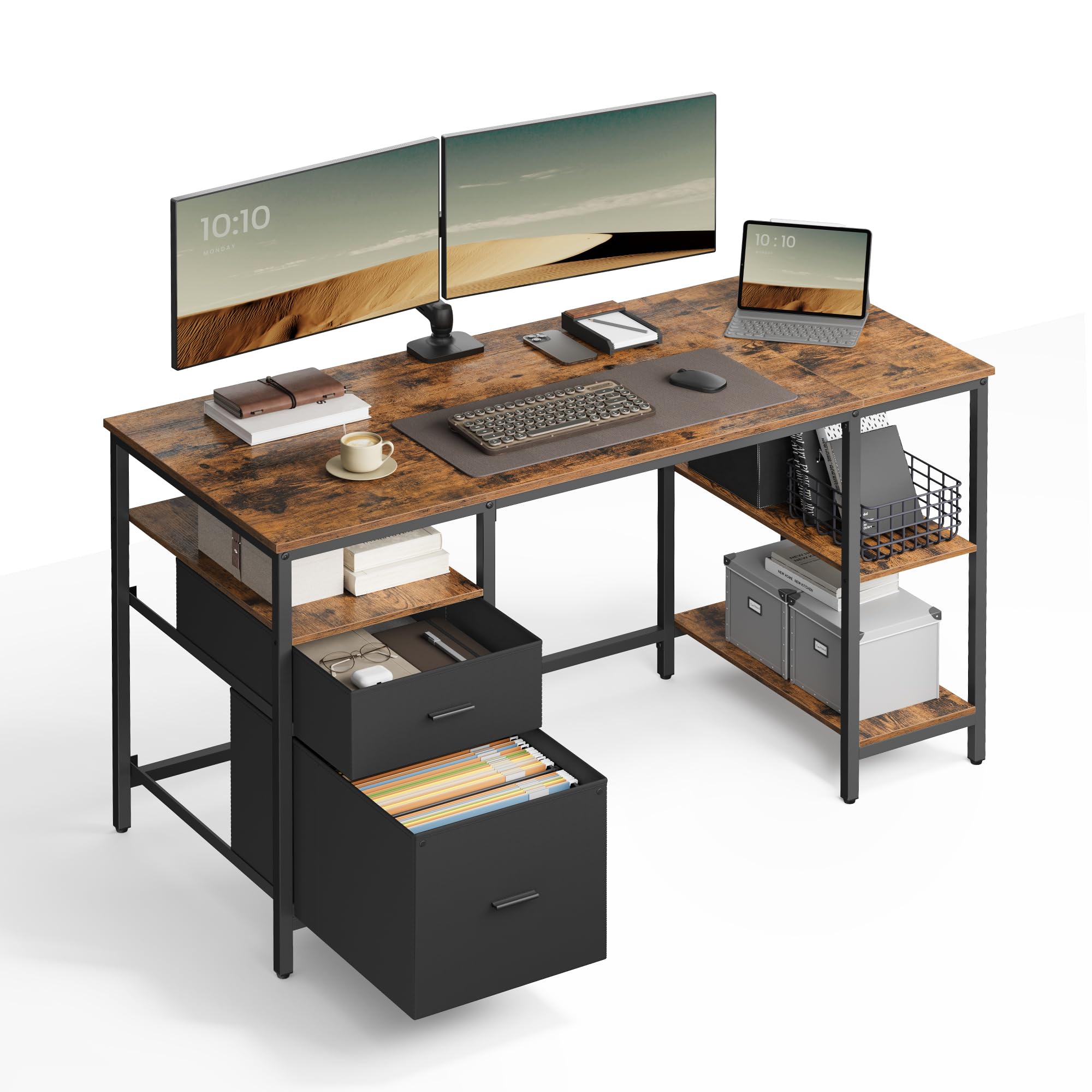 VASAGLE Computer Desk with 3 Shelves and 2 Drawers | 140 x 60 cm Desktop | Rustic Brown + Ink Black