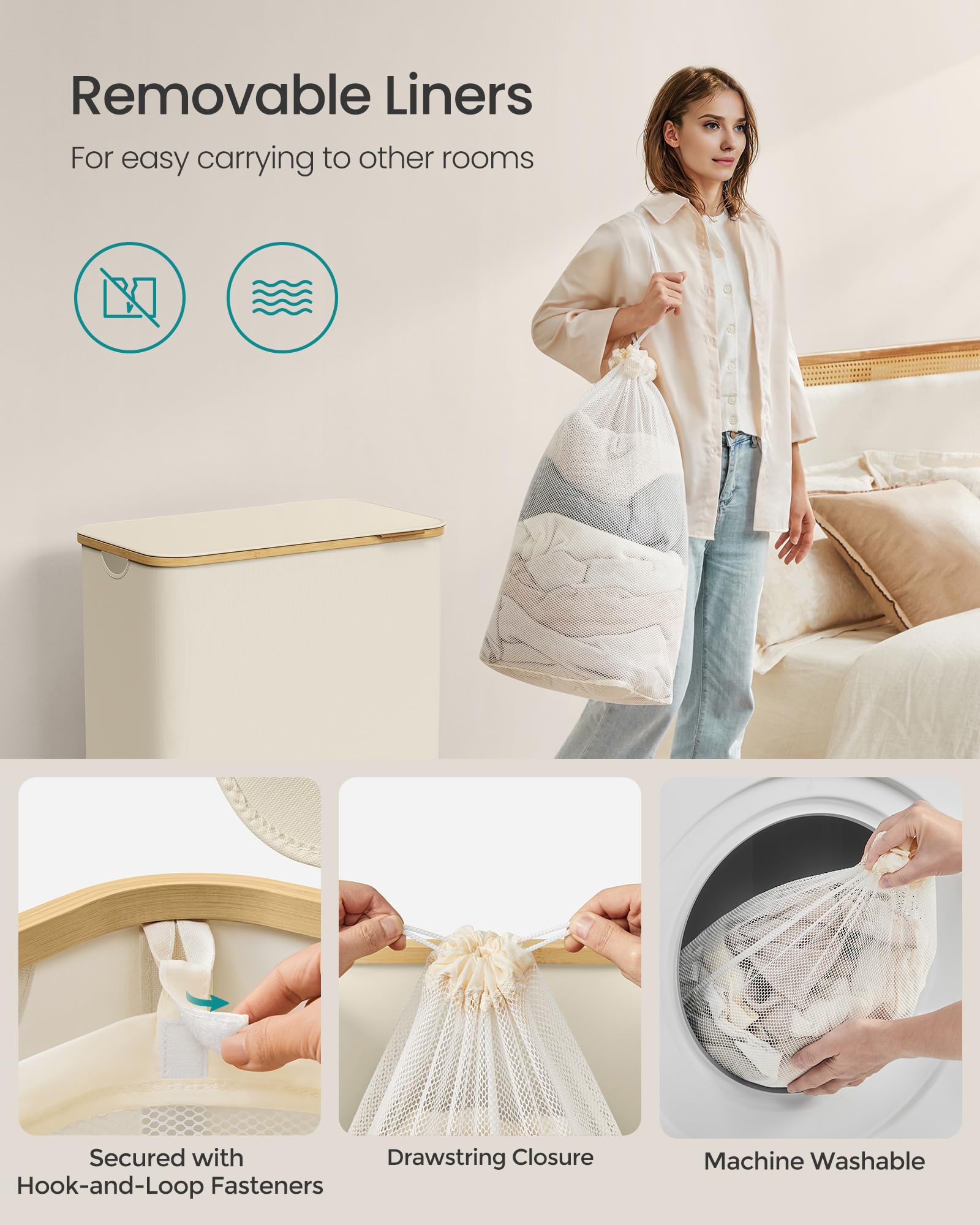 SONGMICS 3-Section Large Laundry Hamper with Lid, 150L Capacity, Collapsible, Cream White 5
