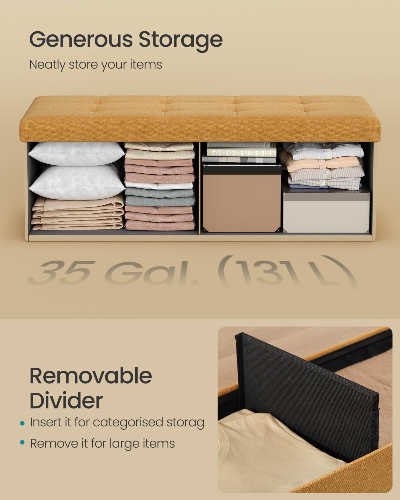 SONGMICS MAZIE Storage Ottoman Bench - 110 cm Folding Foot Rest | 131L Capacity | 300 kg Load | Ginger 6