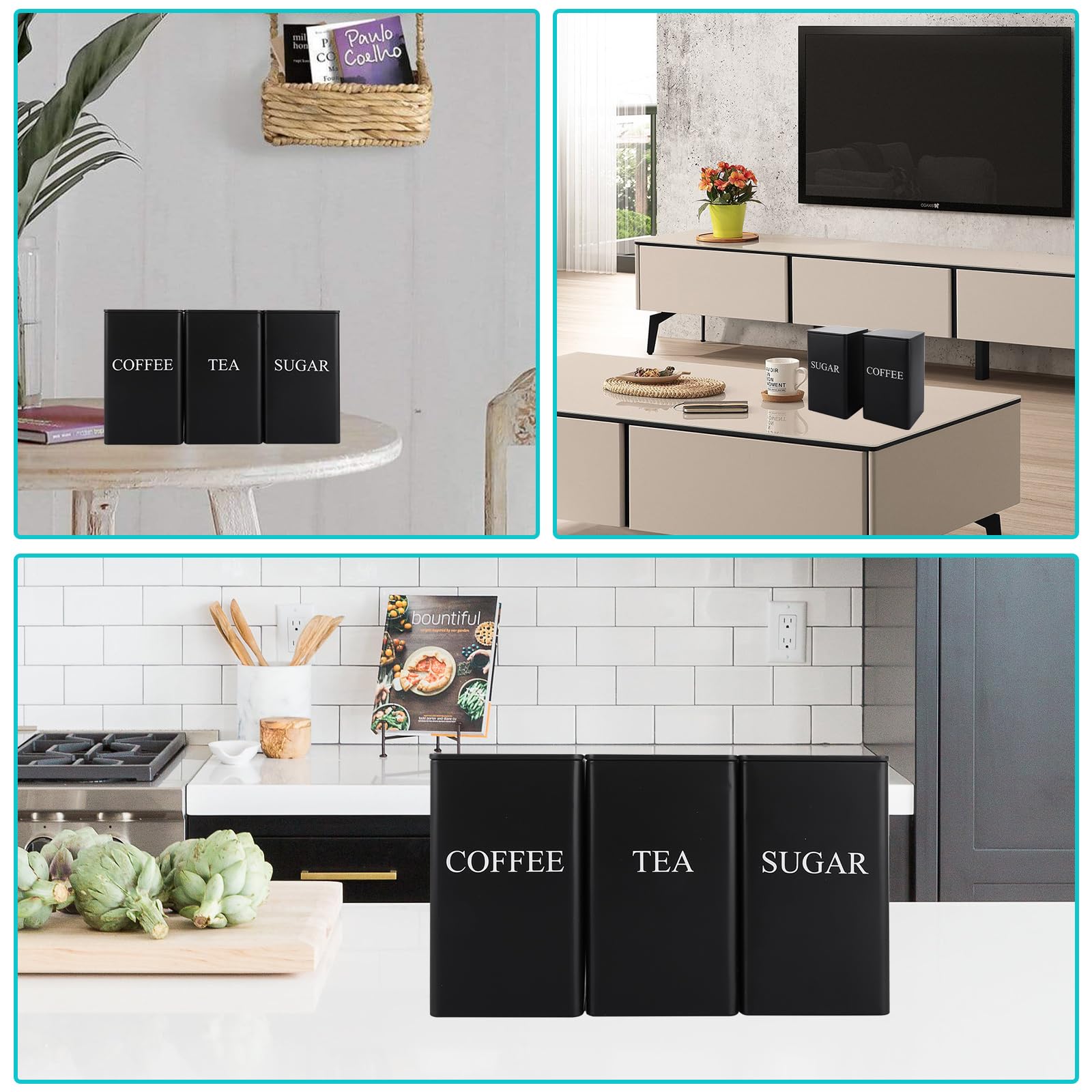 ASelected 3 Piece Metal Food Storage Canisters - Airtight & Stylish Black Canisters for Tea, Coffee, Sugar 7