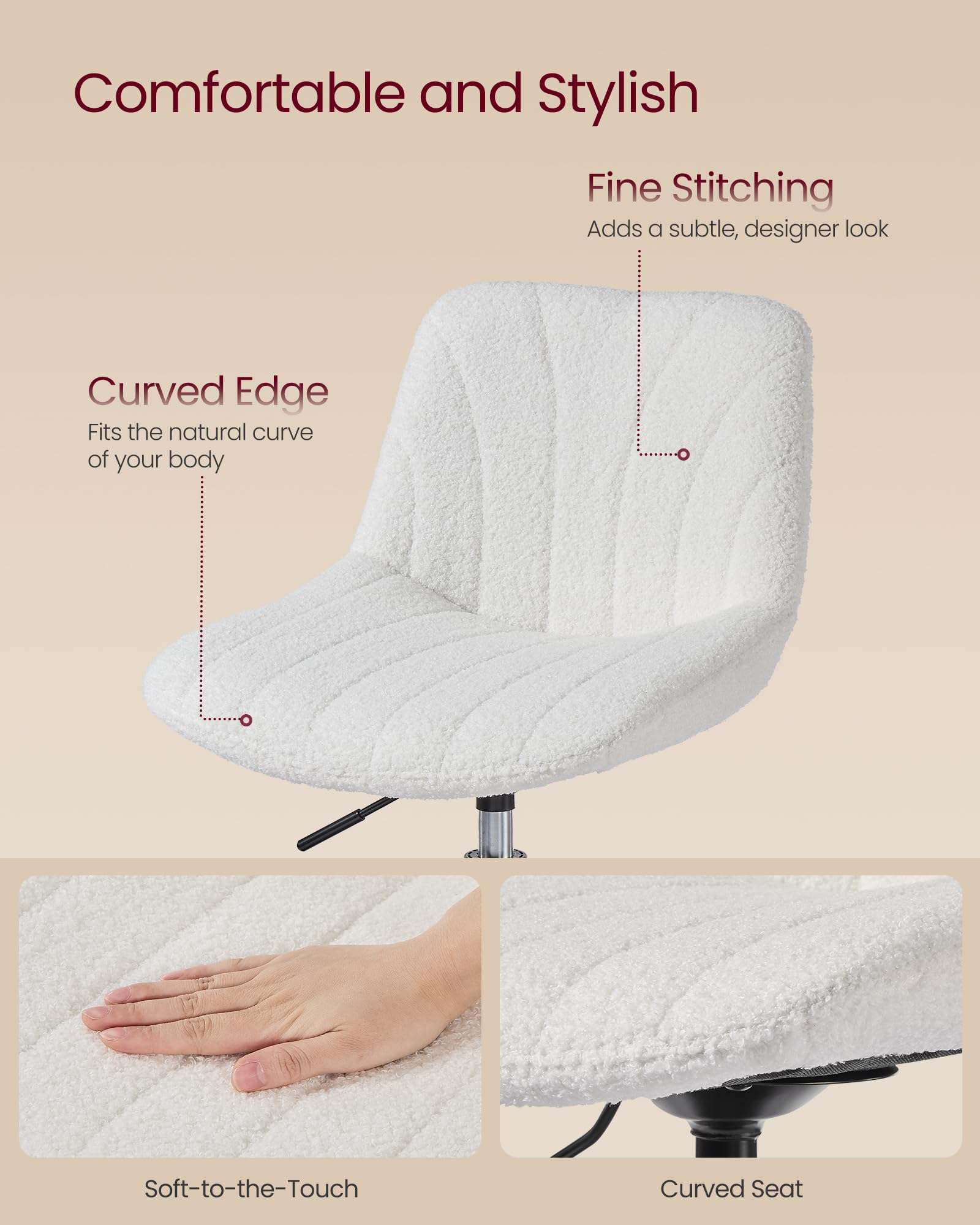 VASAGLE Adjustable Height Bar Stool with Backrest | Sherpa Fabric | Cloud White 6