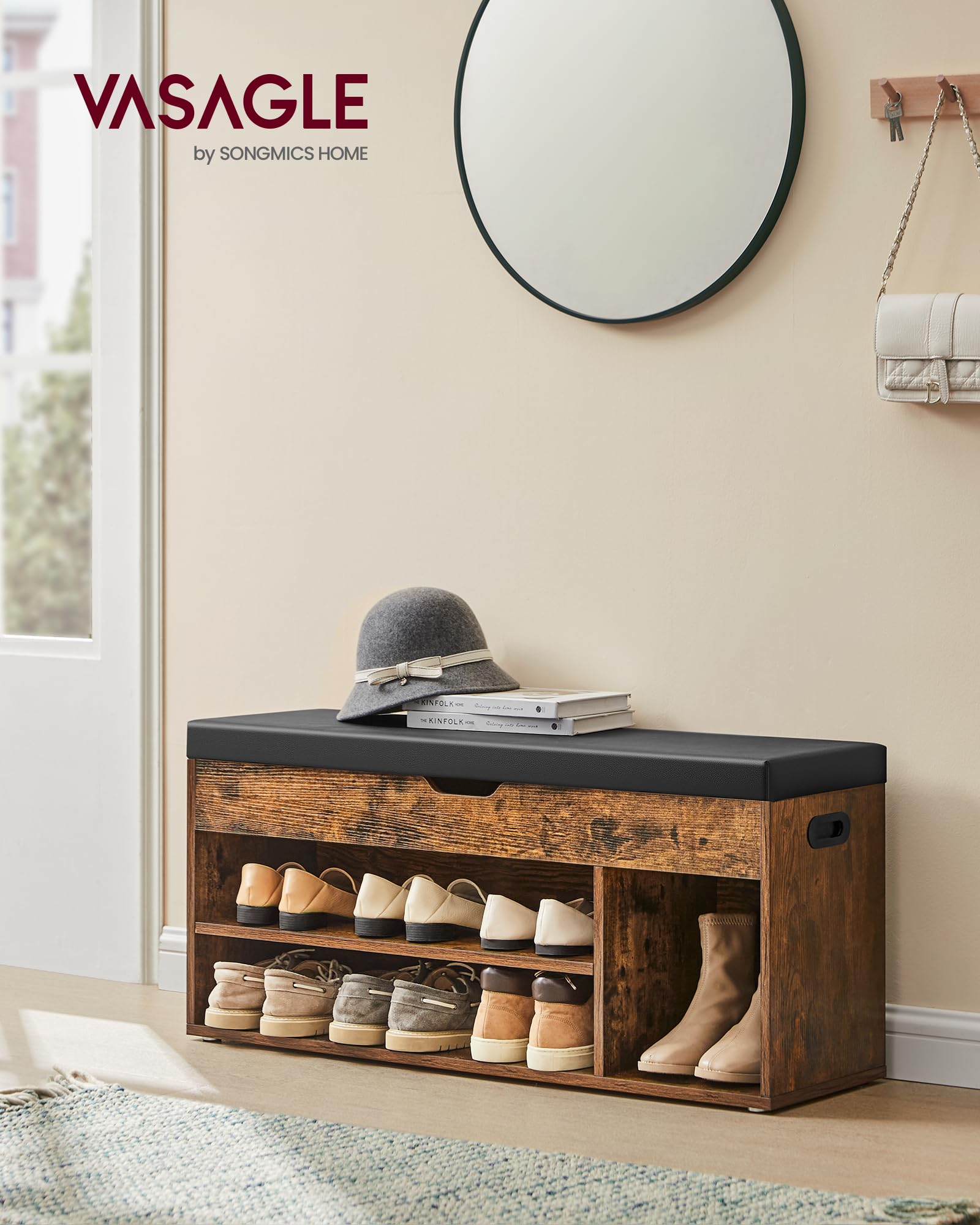 VASAGLE Shoe Storage Bench with Padded Seat | 3 Compartments | 150 kg Capacity | Rustic Brown