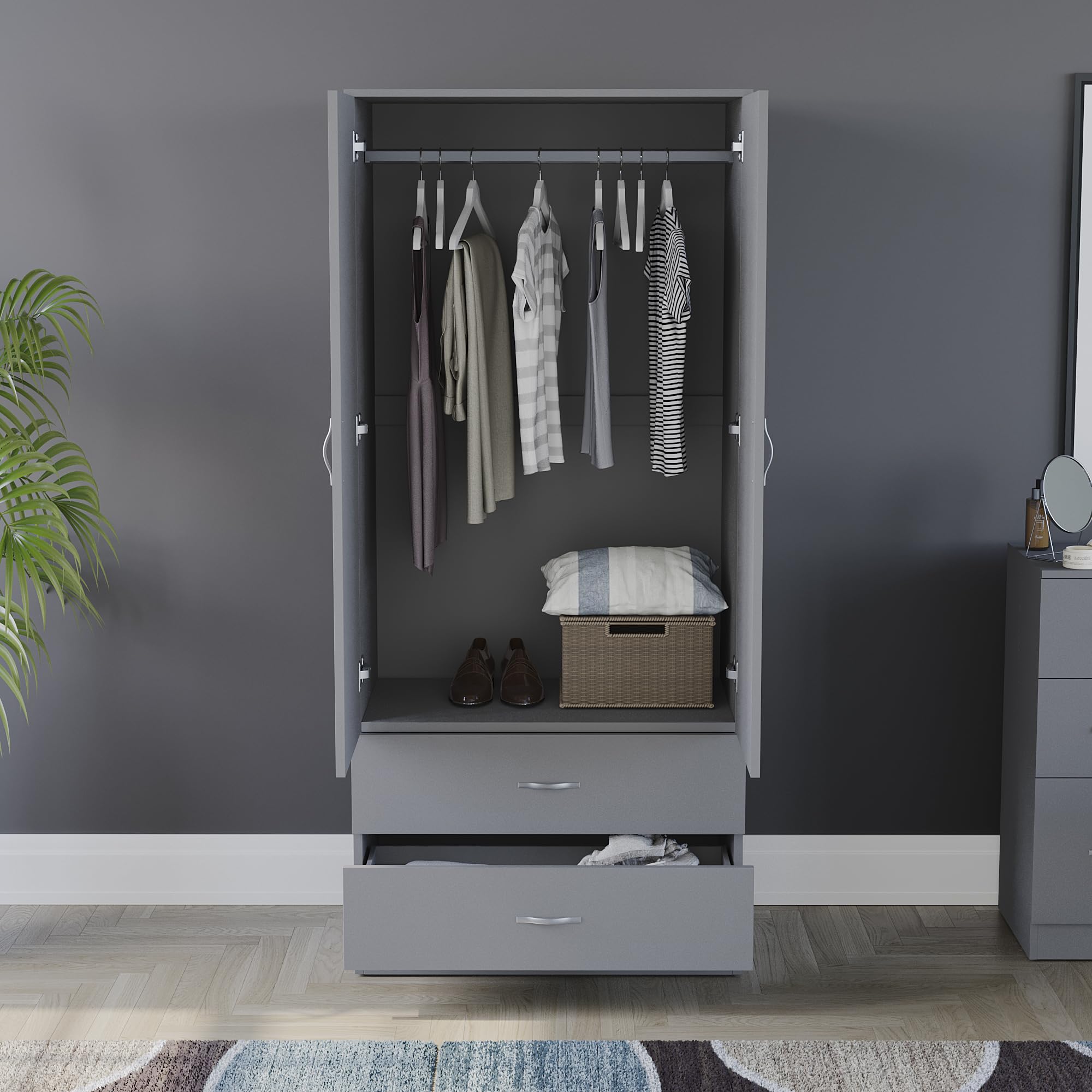 Vida Designs Riano 2 Door Wardrobe with Shelf & Hanging Rail | Engineered Wood | Grey 4