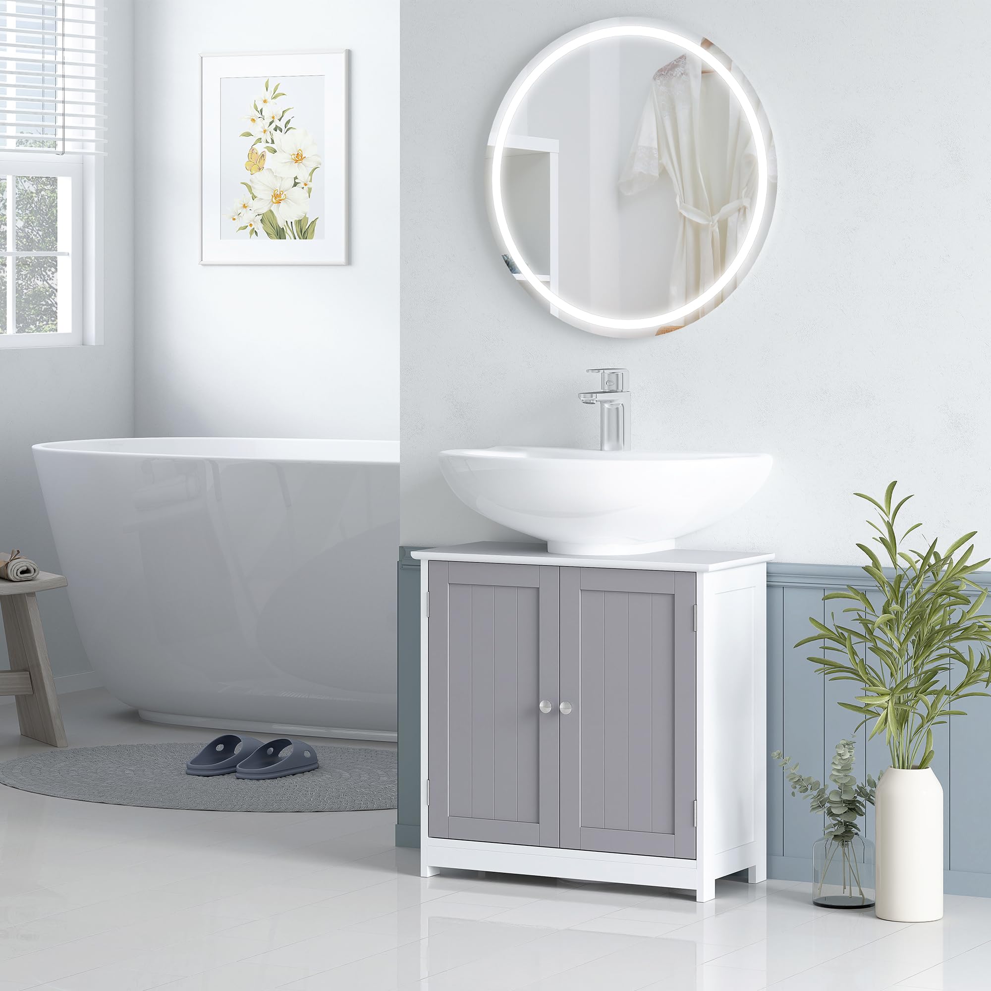 kleankin Freestanding Under Sink Bathroom Cabinet - 60H x 60L x 30Wcm | MDF | White/Grey 8