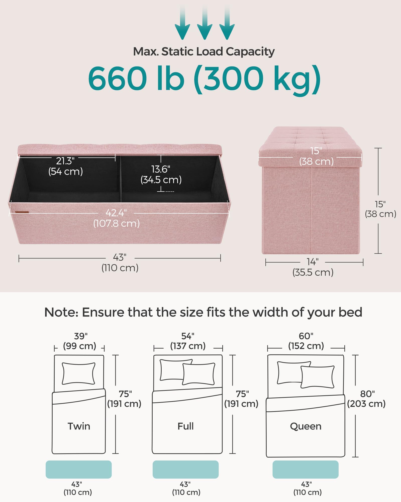 SONGMICS MAZIE Storage Ottoman Bench - 110 cm Folding Foot Rest | 131L Capacity | Jelly Pink 3