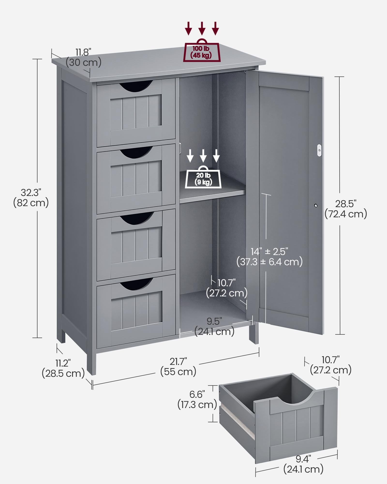 VASAGLE Bathroom Floor Storage Cabinet with 4 Drawers | Dove Grey | 30 x 55 x 82 cm 3