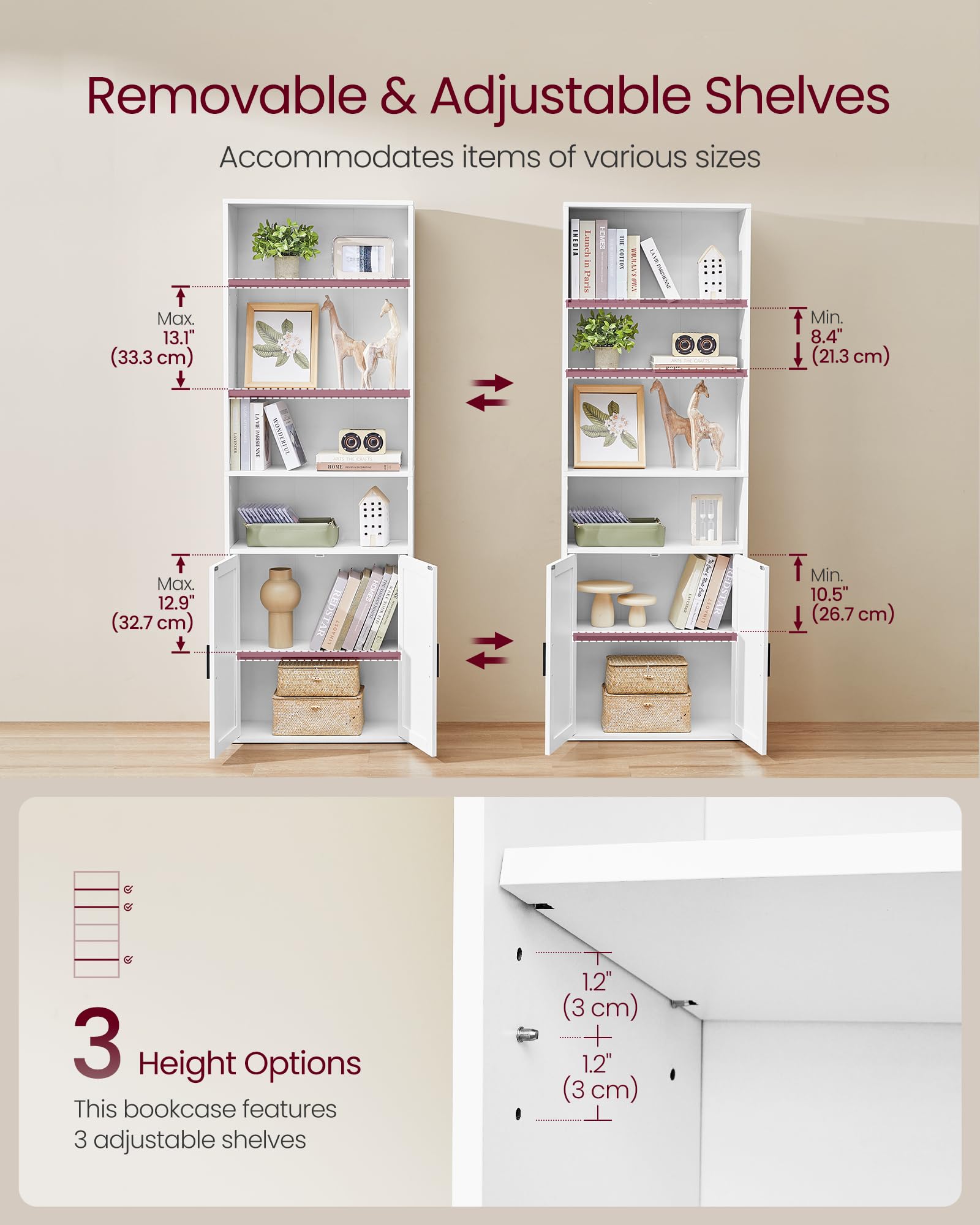 VASAGLE 6-Tier Bookcase with Doors - Cloud White | Adjustable Shelves | 24 x 60 x 175 cm 4