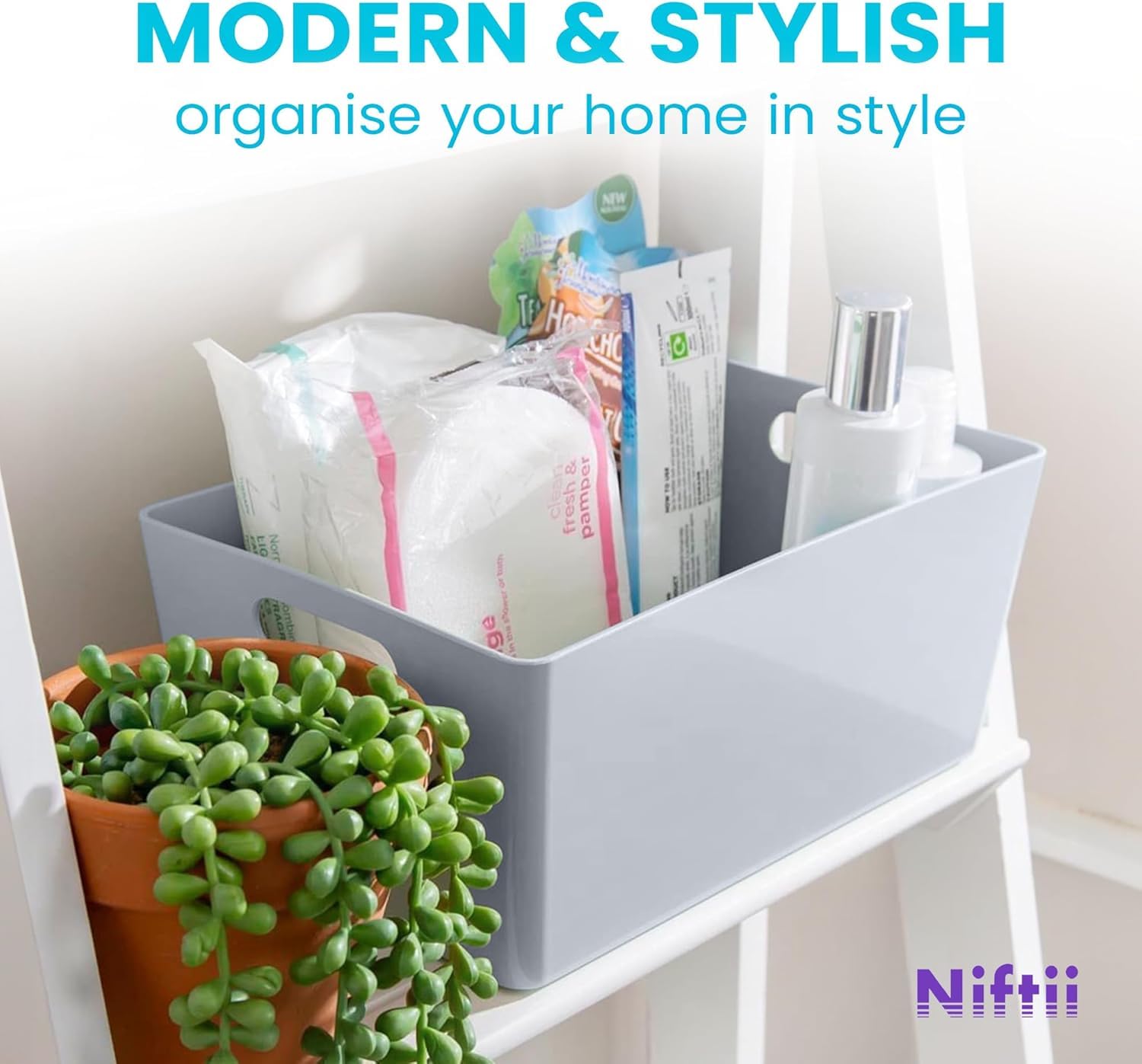 Niftii 5-Pack Plastic Shelf Baskets with Sturdy Handles | 3.9L Capacity | Grey 5