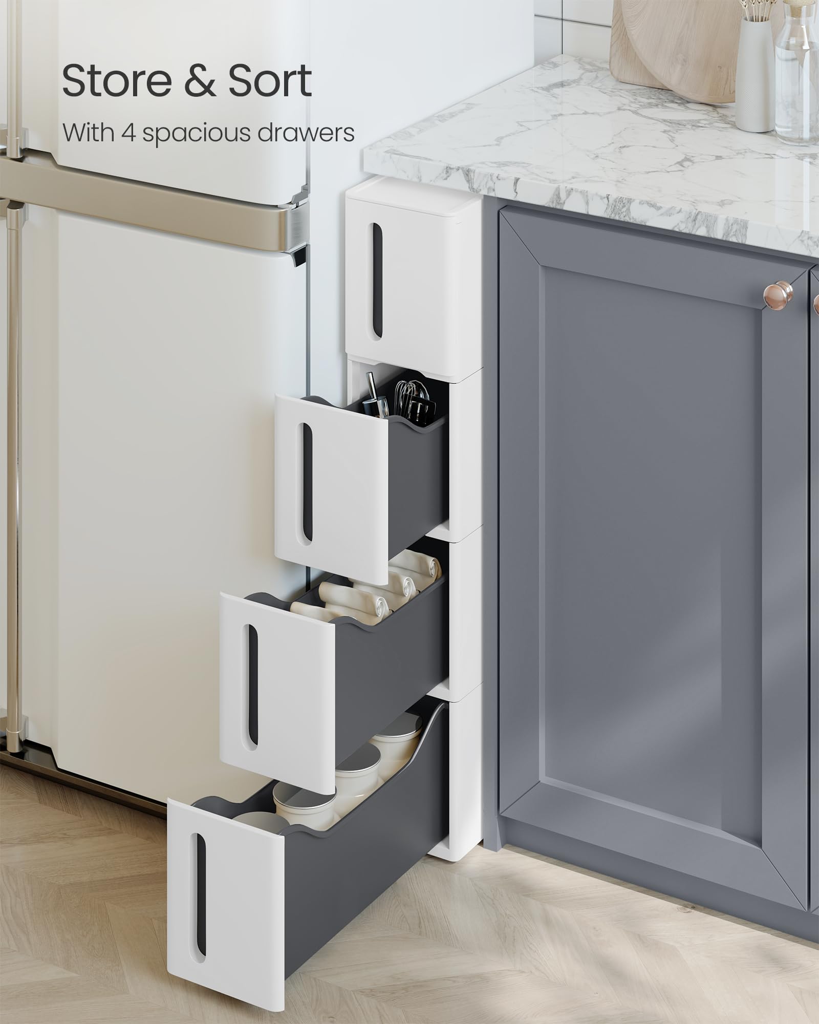SONGMICS Narrow Kitchen Storage Cart - 4 Tier Plastic Drawers | Mobile | White + Grey 5