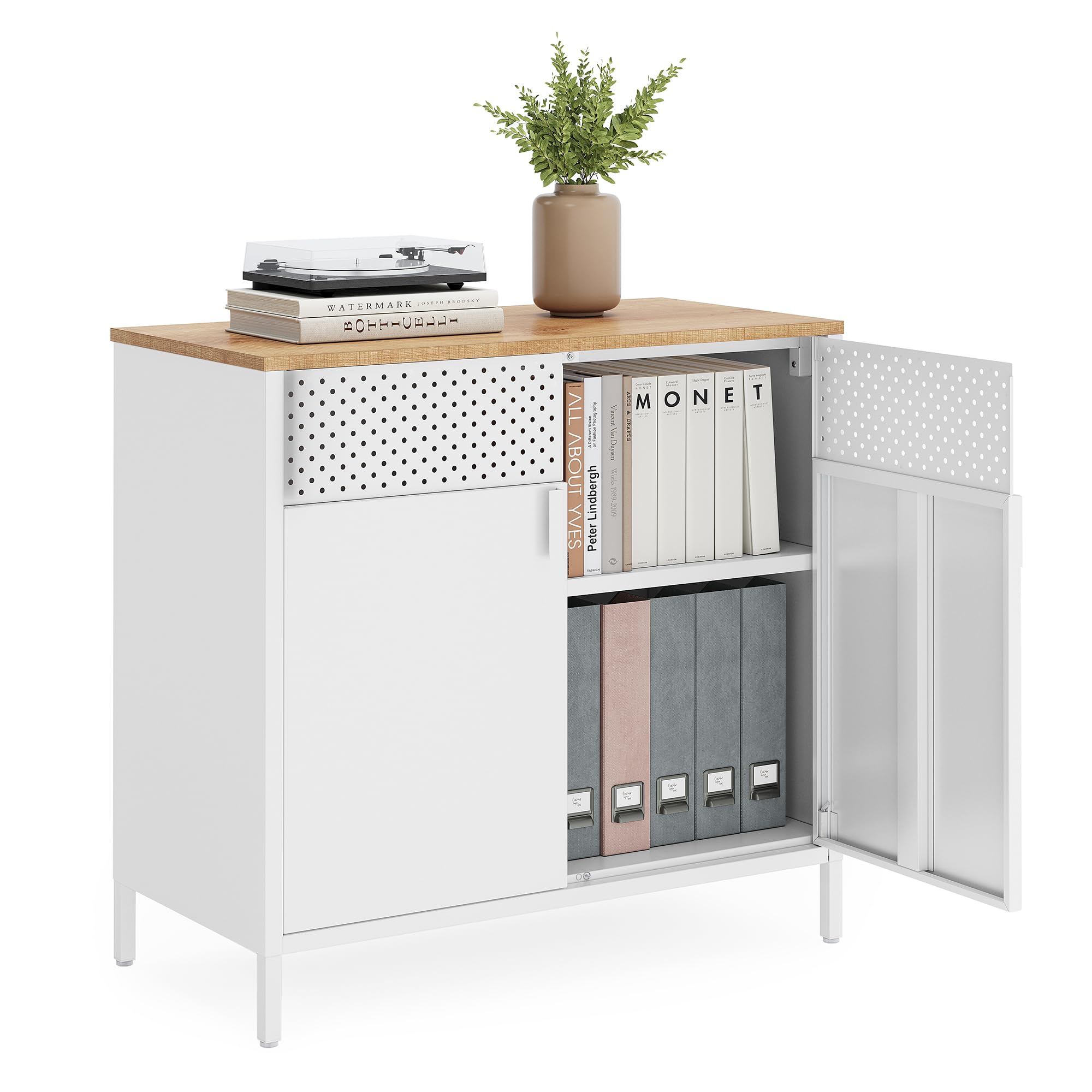 SONGMICS Metal Storage Cabinet with Double Doors | 80W cm Capacity | Natural + White