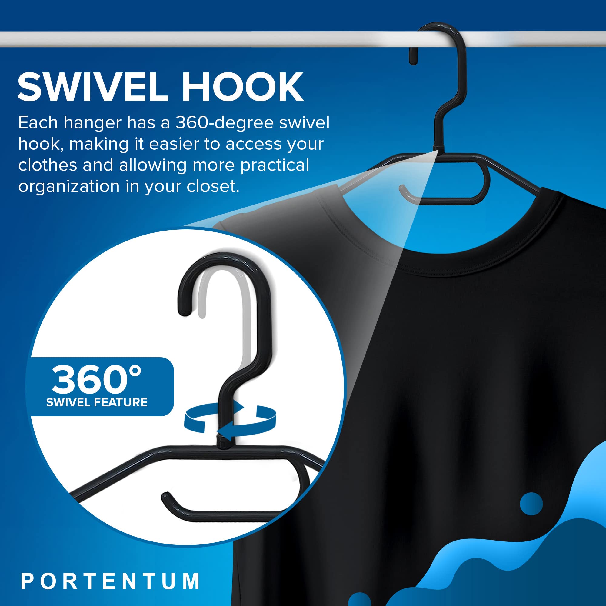 PORTENTUM Recycled Plastic Standard Hangers - Space Saving, Anti-Slip, 360° Swivel Hook | 10 Pack, Black 4