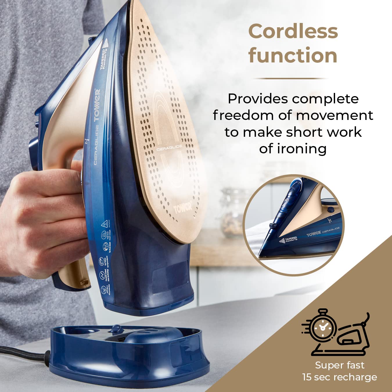 Tower T22008BLG CeraGlide Cordless Steam Iron with Ceramic Soleplate | 2400W | 360ml Tank 4