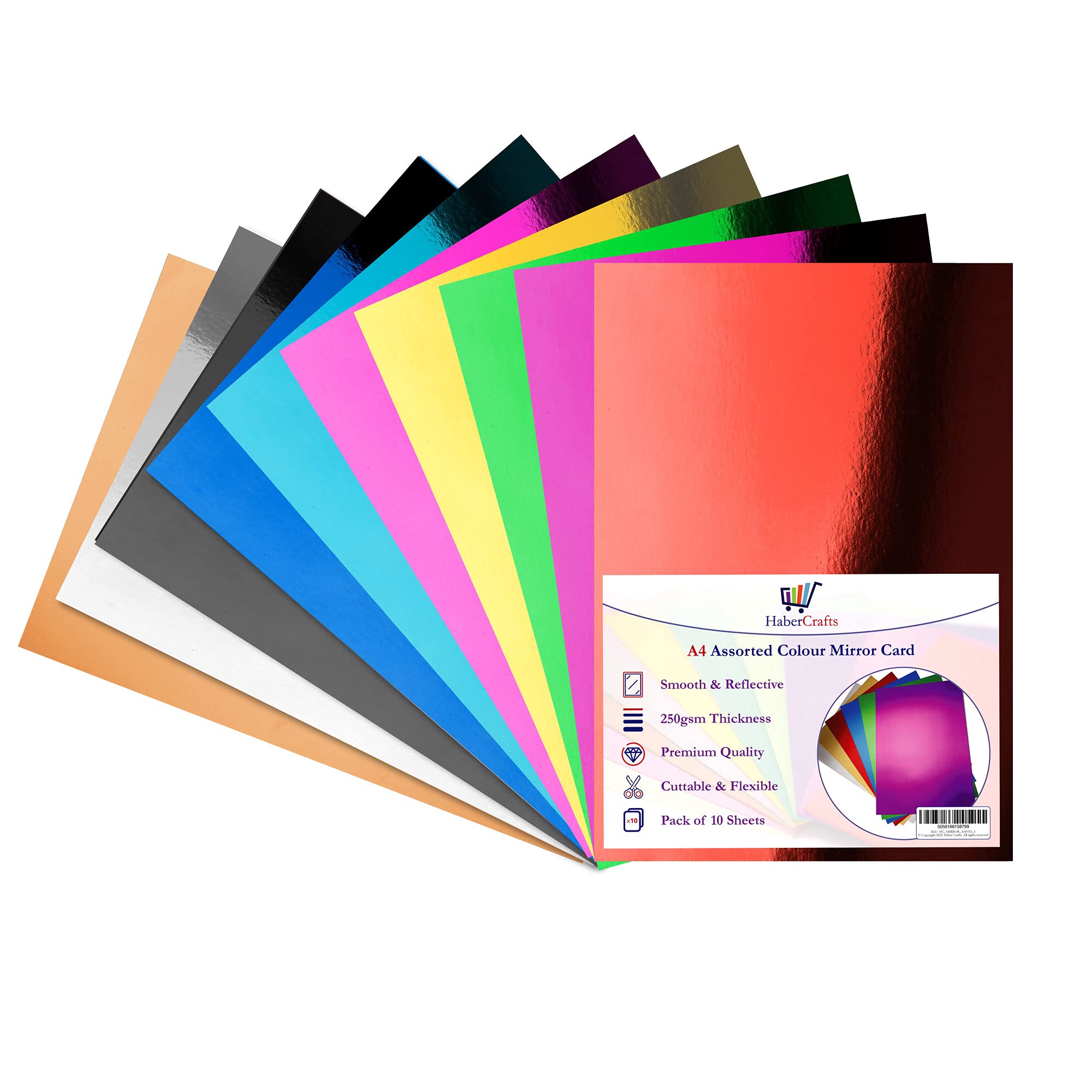 Habercrafts Assorted Colour Mirror Card A4 250gsm Metallic Mirror Board for Crafts (10 Sheets) 1
