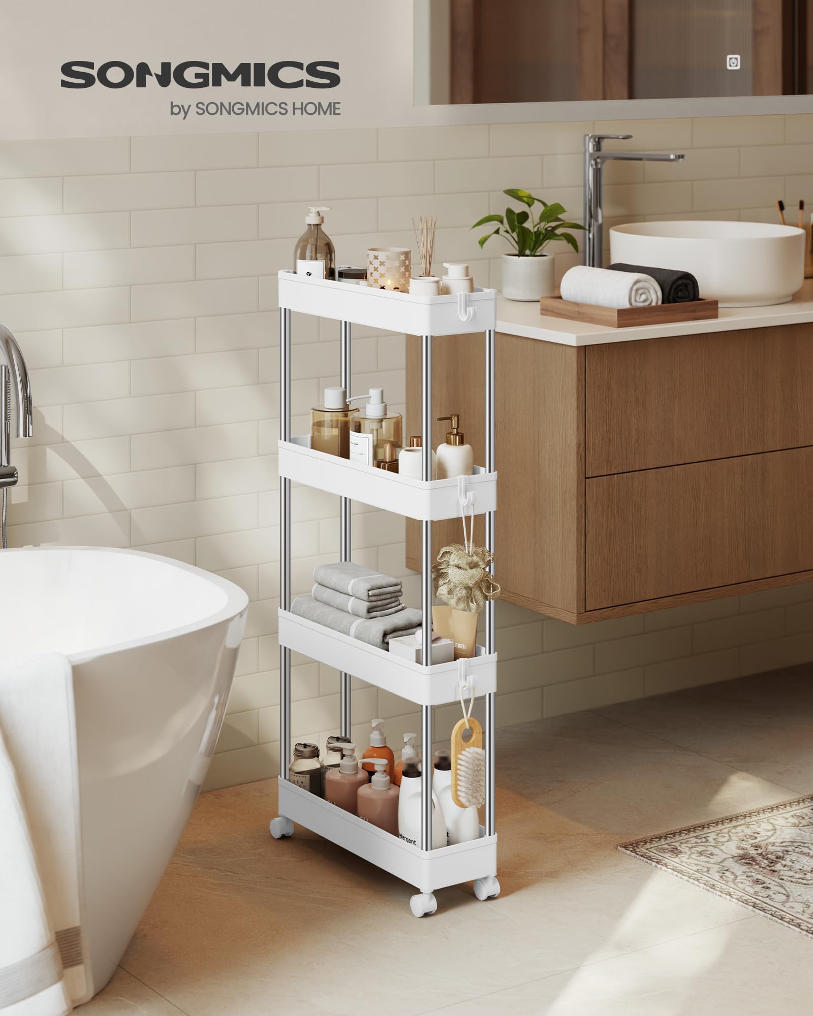 SONGMICS 4-Tier Rolling Storage Cart with Wheels | Stainless Steel Frame | 20kg Capacity