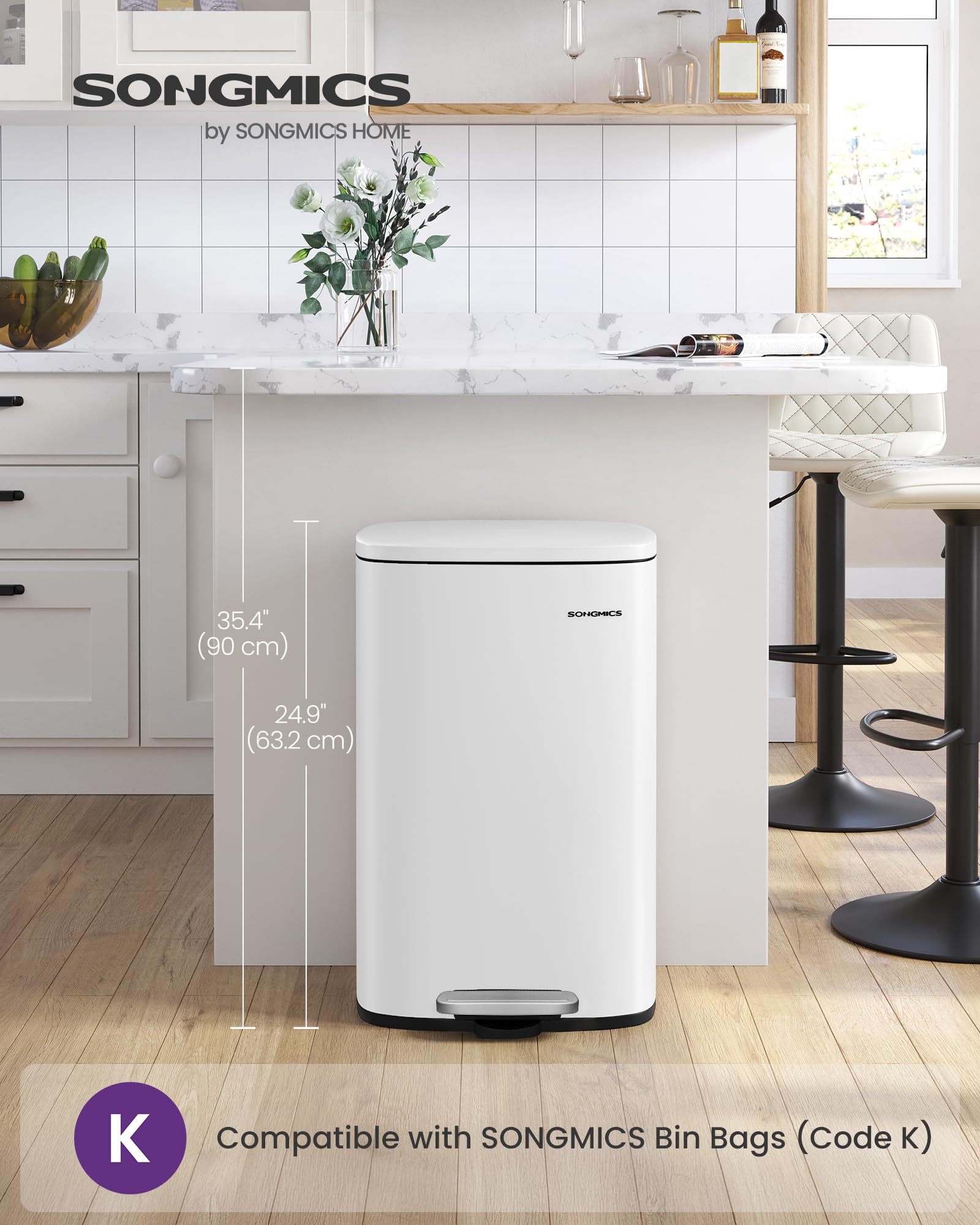 SONGMICS Kitchen Bin 50 L Pedal Rubbish Bin | Soft Close | Steel Exterior | White LTB101W01 2