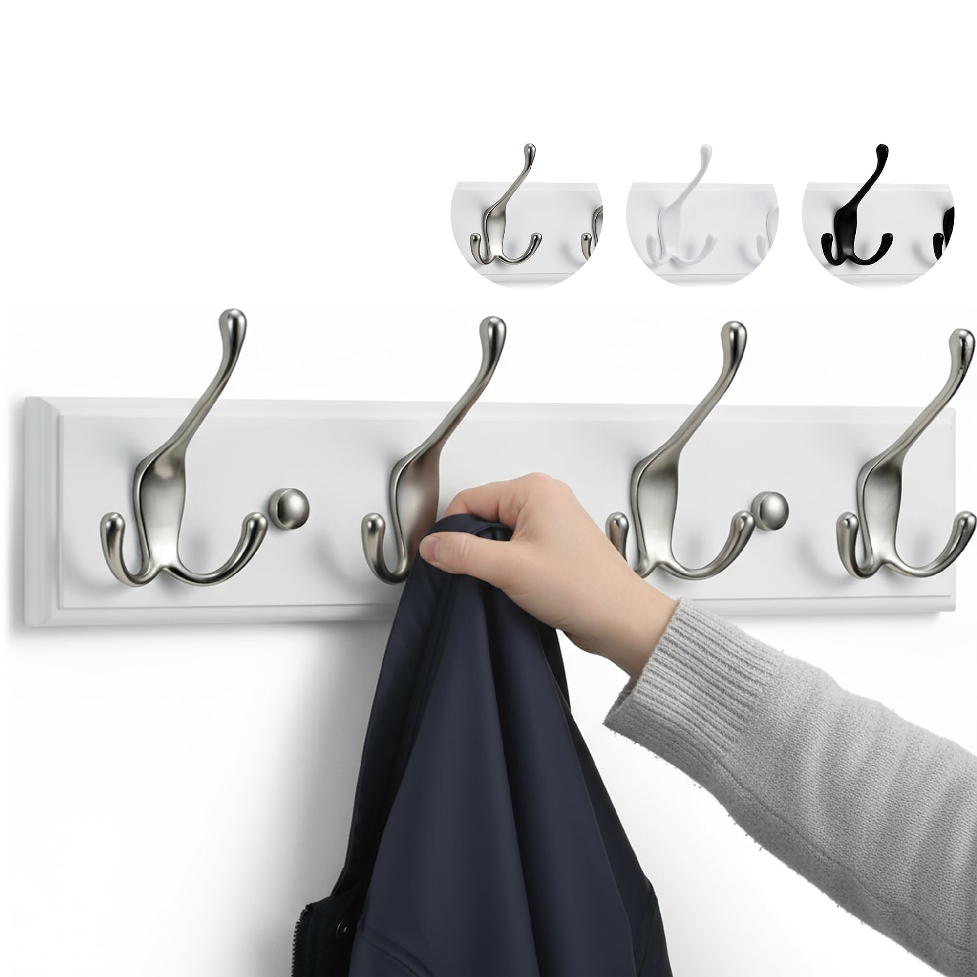 LARHN Wall-Mounted Coat Rack - 4 Matt-Nickel Triple Hooks on White Bamboo Base | 42 cm Wide | All Fixings Included