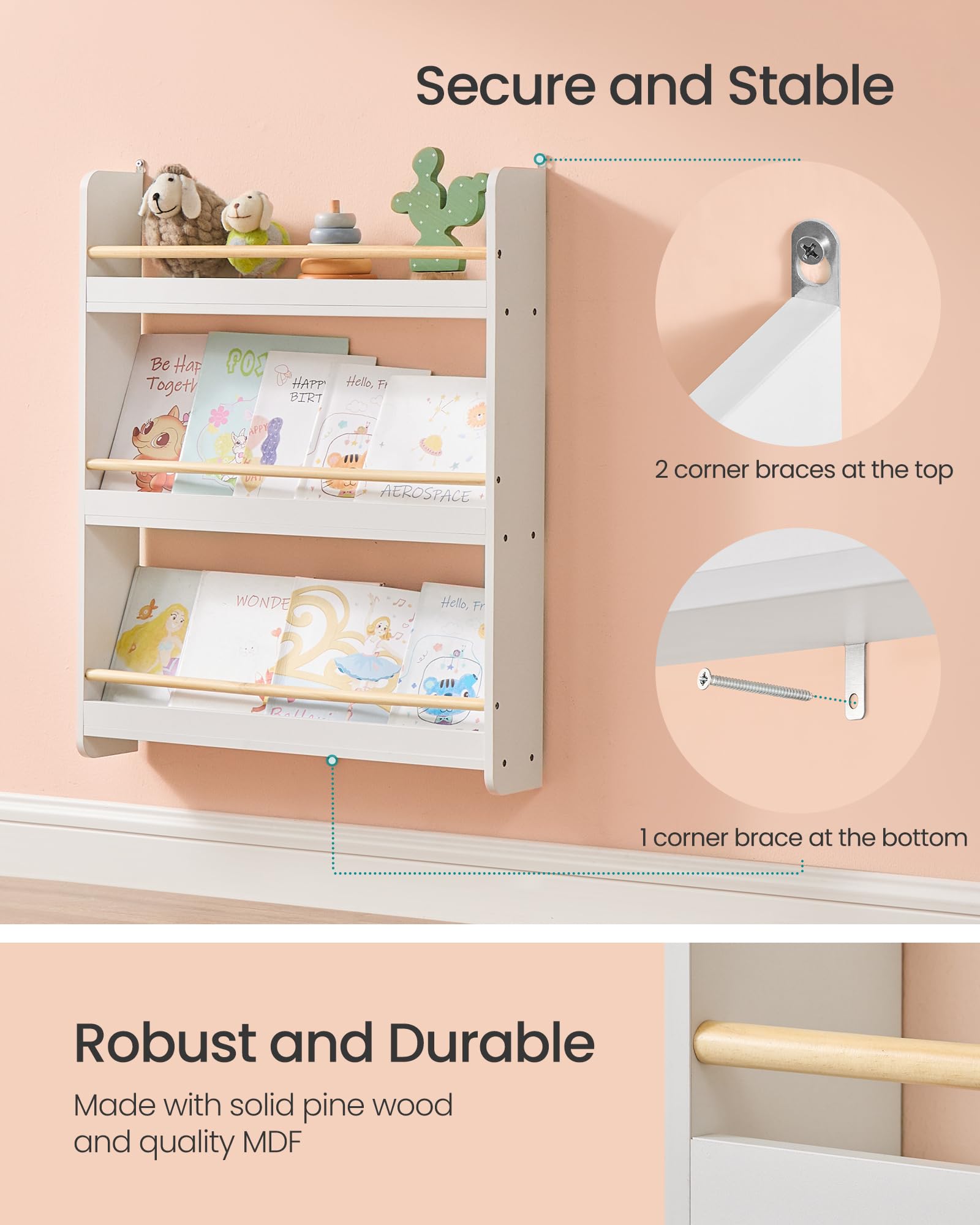SONGMICS Kids Bookshelf - 3-Tier Wall-Mounted Bookcase | MDF & Pine Wood | White 5