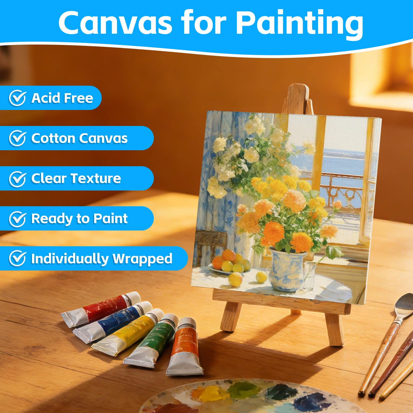MOXYOY Canvas Panels for Painting - 6 Pcs Square, 20x20cm (8x8) | Acid-Free Cotton